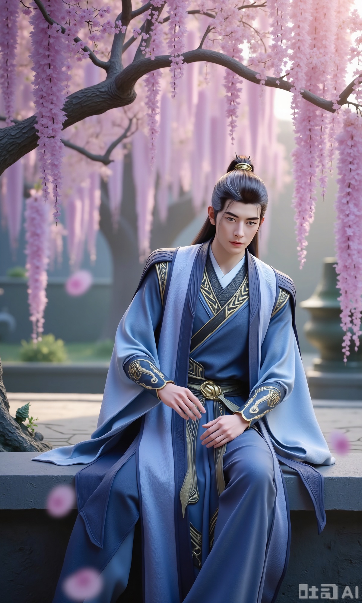 (masterpiece,best quality:1.23),ancient Chinese youth, tall and slender, hanfu, sitting under a cherry blossom tree and wisteria, falling petals, soft focus, out-of-focus background, dreamlike and romantic,,,Xzhanyihanli,Xhanlaomo,Xhanlizhanyi,Xhanlichangfu,XhanliYY,Xhanliyuanying