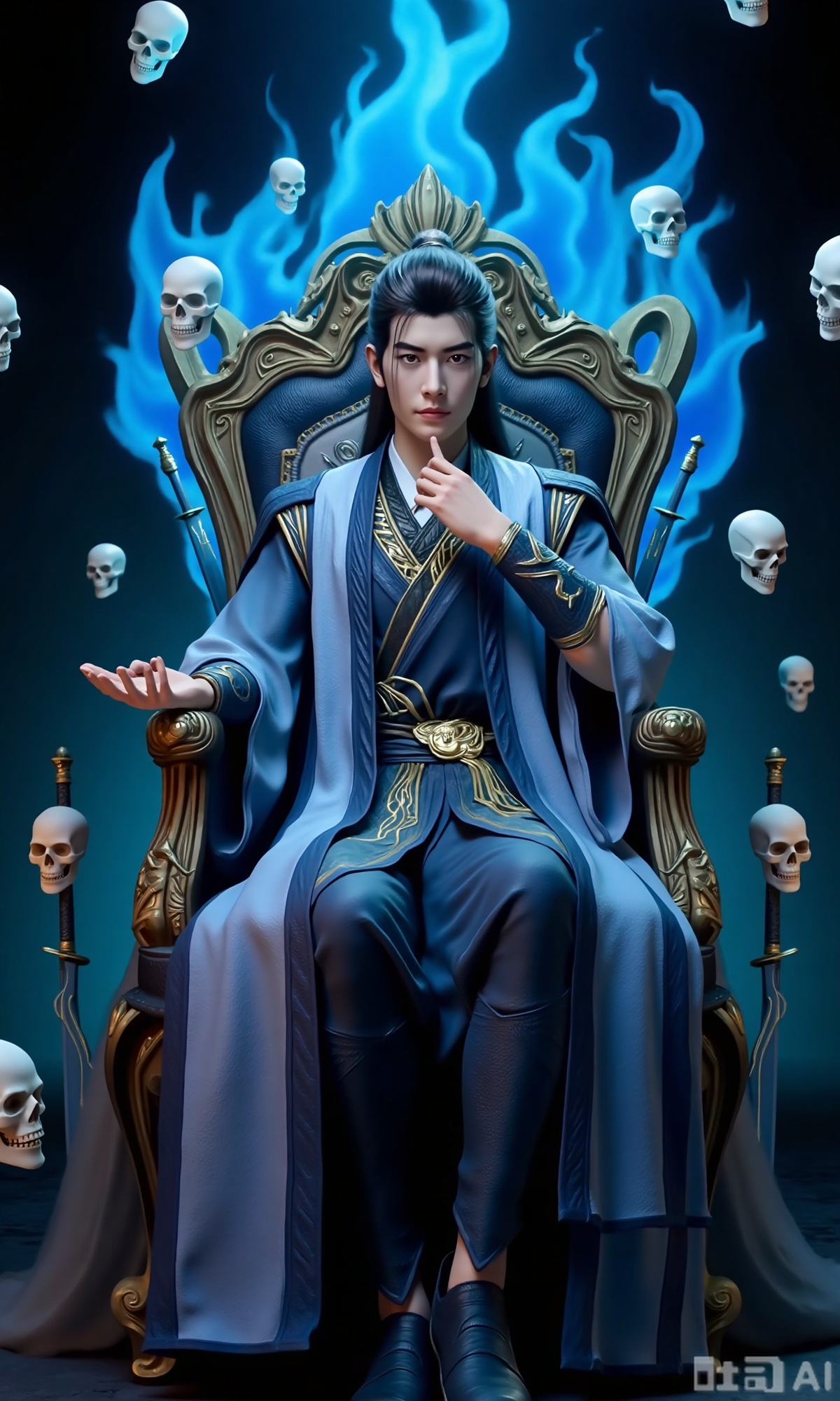 1boy,  The character is dressed in a traditional outfit,  consisting of a light blue robe with intricate patterns and a bl...