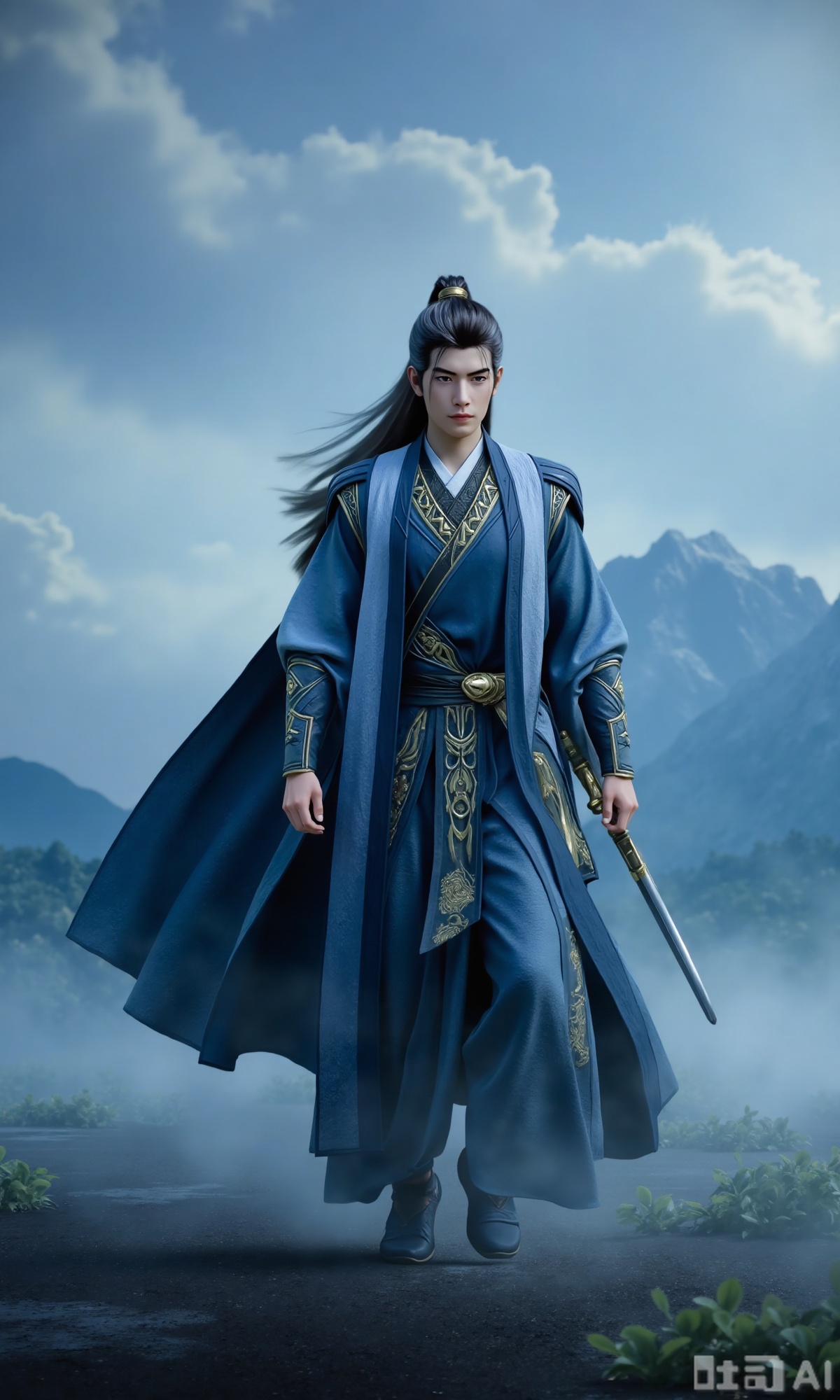 (masterpiece,best quality:1.23), a majestic man in Hanfu, long hair, with a sword, mystical clouds and fog, distant mountains background,,Xzhanyihanli,Xhanlaomo,Xhanlizhanyi,Xhanlichangfu,XhanliYY,Xhanliyuanying