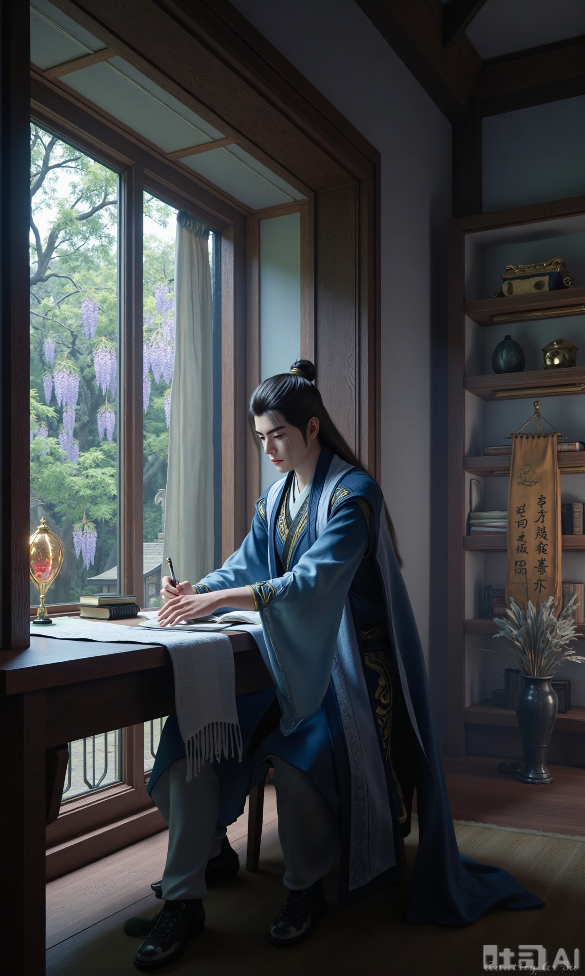 (masterpiece,best quality:1.23),ancient Chinese youth, tall and slender, hanfu, writing with a brush, inside a scholarly study with a wisteria window view, scrolls and books, soft shadows, peaceful atmosphere,,Xzhanyihanli,Xhanlaomo,Xhanlizhanyi,Xhanlichangfu,XhanliYY,Xhanliyuanying
