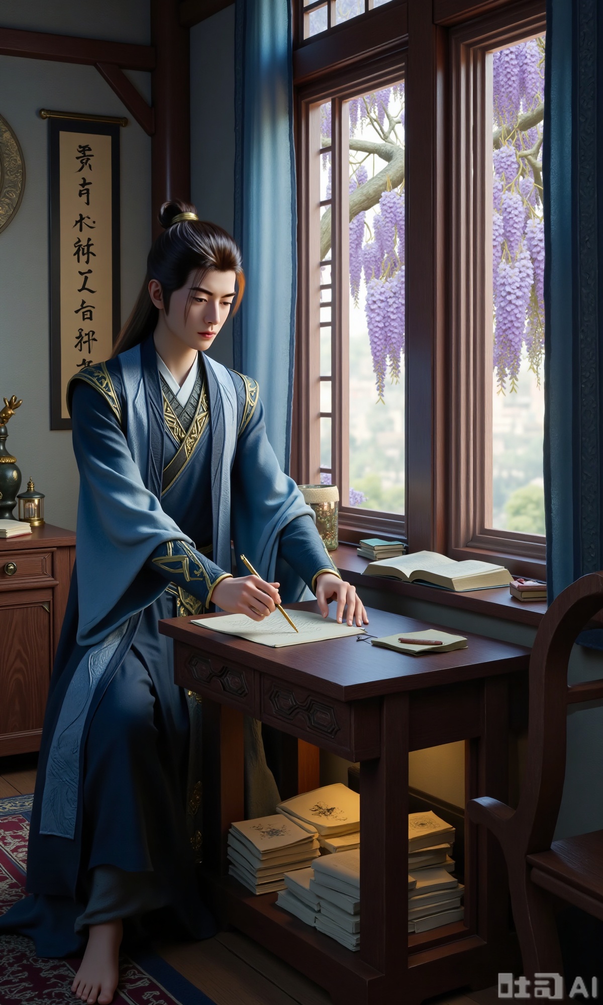 (masterpiece,best quality:1.23),ancient Chinese youth, tall and slender, hanfu, writing with a brush, inside a scholarly study with a wisteria window view, scrolls and books, soft shadows, peaceful atmosphere,,Xzhanyihanli,Xhanlaomo,Xhanlizhanyi,Xhanlichangfu,XhanliYY,Xhanliyuanying