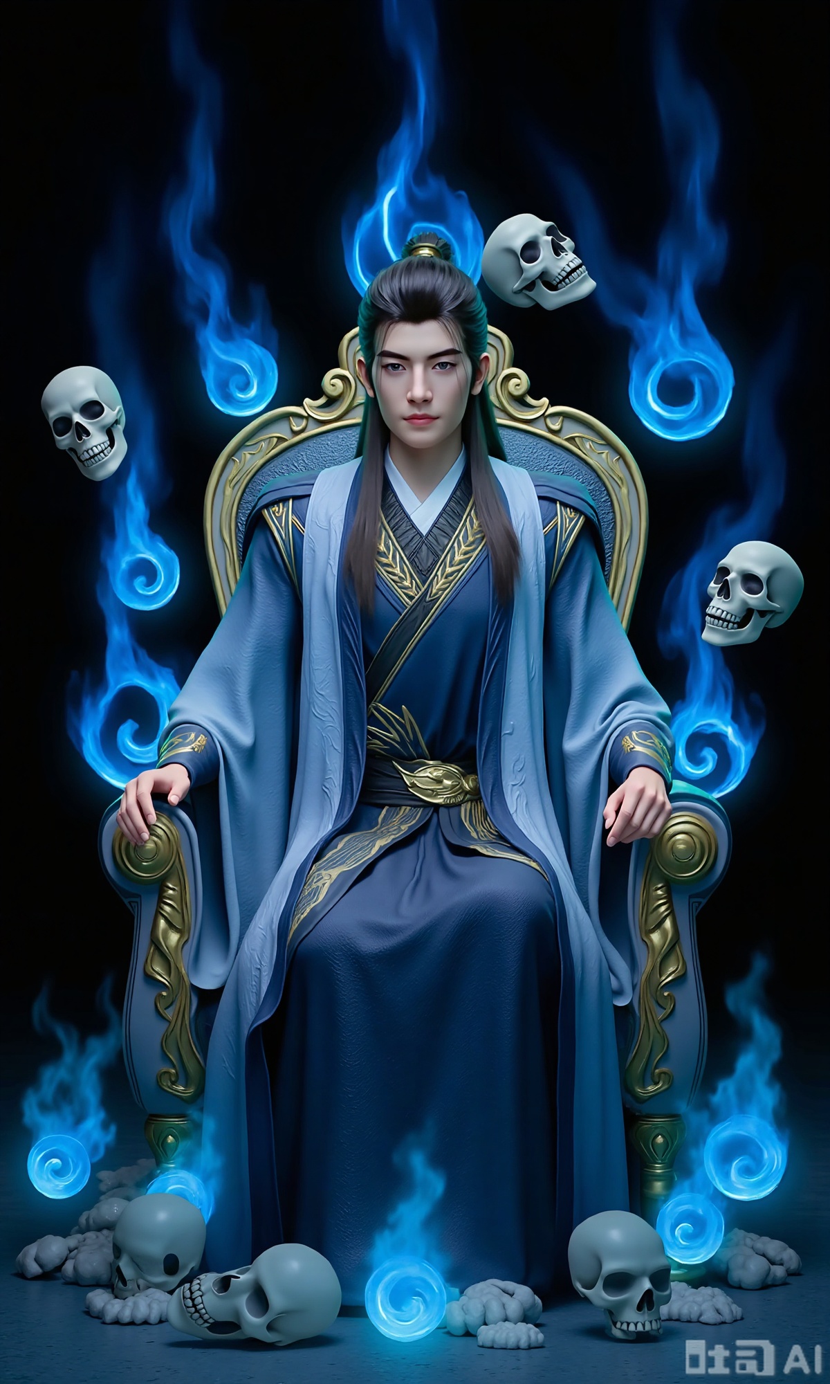 1boy,  The character is dressed in a traditional outfit,  consisting of a light blue robe with intricate patterns and a bl...