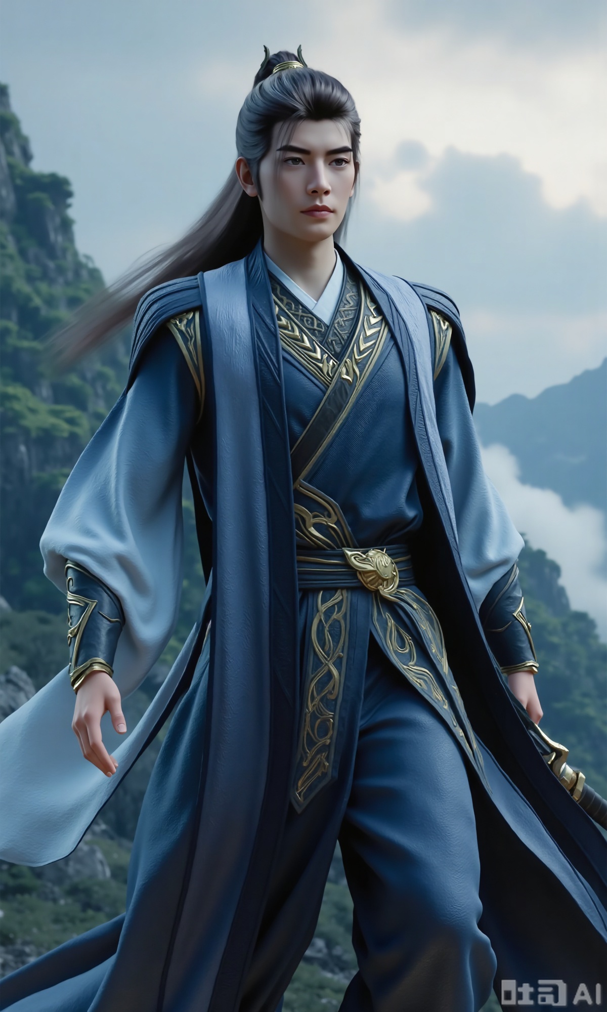 (masterpiece,best quality:1.23), a majestic man in Hanfu, long hair, with a sword, mystical clouds and fog, distant mountains background,,Xzhanyihanli,Xhanlaomo,Xhanlizhanyi,Xhanlichangfu,XhanliYY,Xhanliyuanying