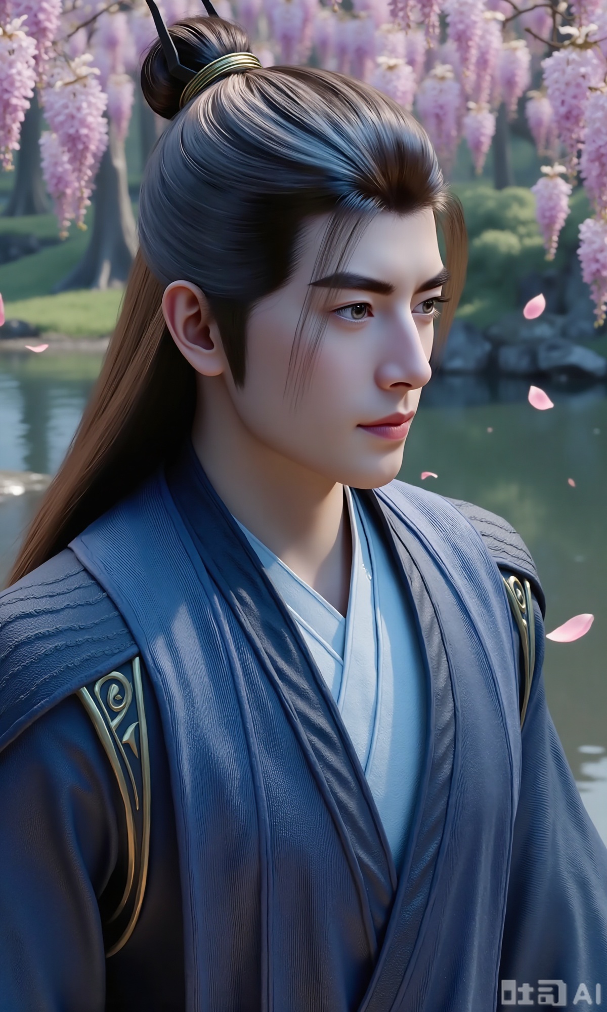 (masterpiece,best quality:1.23), a graceful young man in Hanfu, jet-black long hair, peach blossom forest, lakeside, falling petals, wisteria,Xzhanyihanli,Xhanlaomo,Xhanlizhanyi,Xhanlichangfu,XhanliYY,Xhanliyuanying