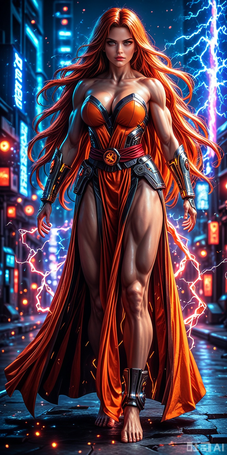 masterpiece, best quality, 1girl, solo, absurdres, large breasts, powerful stance, dramatic shading,, night, science fictin)electricity, neon lights, city, glowing, light particles, blurry background.,MARDIA,STRAPLESS ORANGE DRESS,PELVIC CURTAIN,BARE HOULDERS, BRACER,CLEAVAGE,COLLARB ONEORANGE HAIR.,RED HAIR.VERY LONG HAIR,(MUSCULAR FEMALE:1.2),RED SASH.BARE FEET.