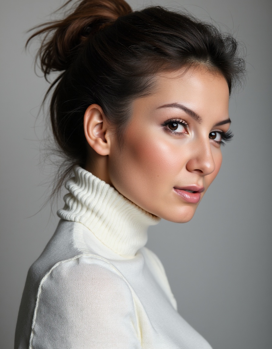 A tight close-up editorial shot of F1v3_Vi,  a young fashion model,  focused exclusively on her face and one shoulder on T...