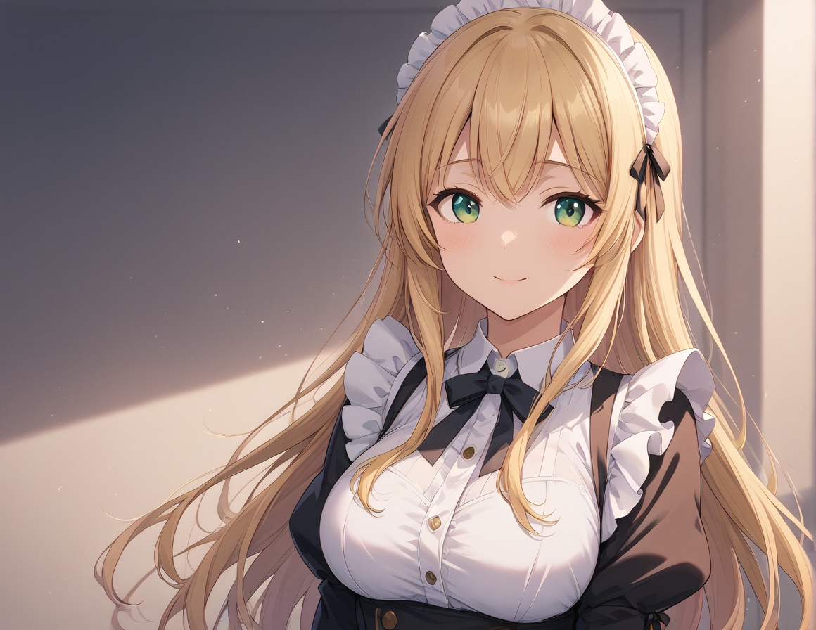 A digital illustration of an anime 1girl with medium-long blonde hair,  green eyes,  large bust on Tensor.Art
