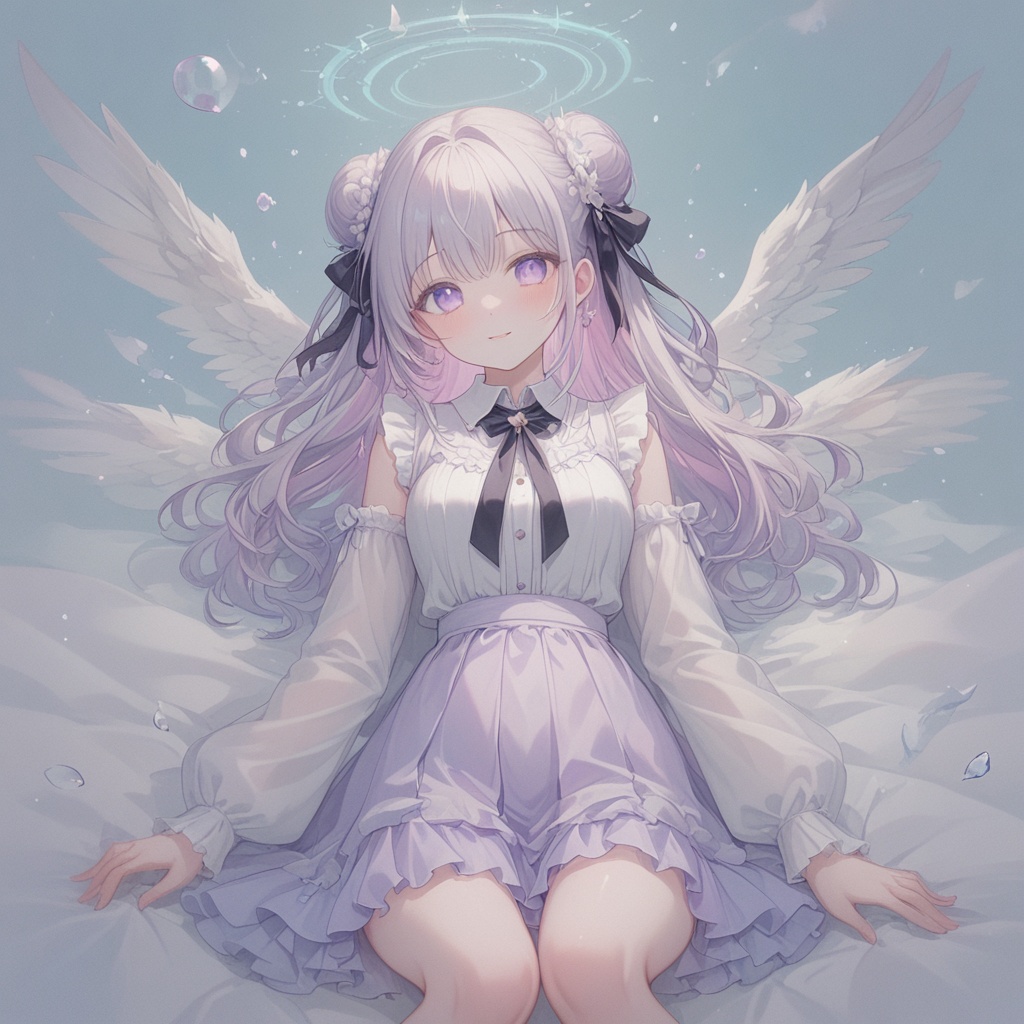 A girl with an angelic yet slightly mischievous appearance lies prone on a soft,  white surface,  propping her head up wit...