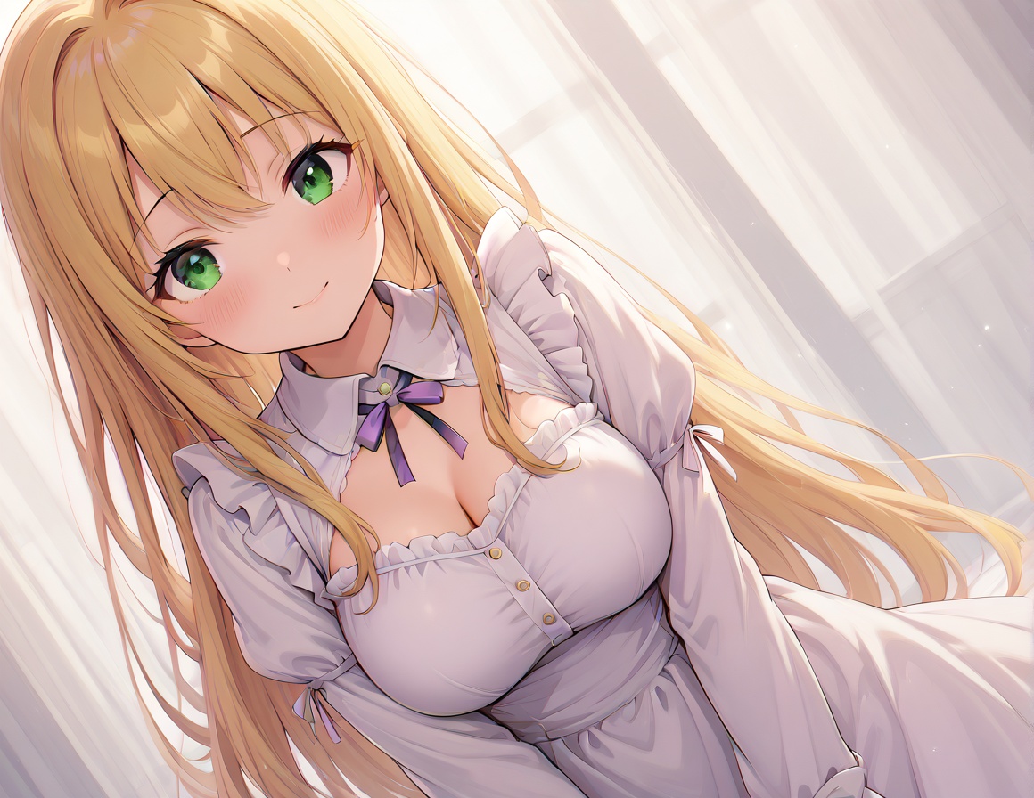 A digital illustration of an anime 1girl with medium-long blonde hair,  green eyes,  large bust on Tensor.Art