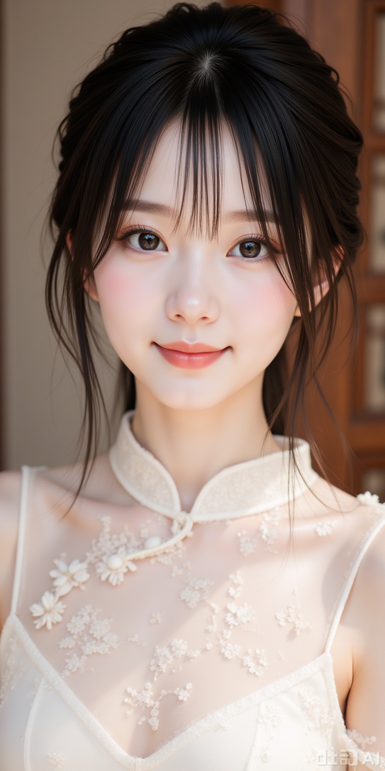 solo,1girl,delicate,gentle and elegant,romantic and sexy charm,beauty portrait,bright and gentle smile,sharp eyes,rosy cheeks,transparent shoulder-baring hollowed-out cheongsam,complex embroidery,fair skin,slim and slender figure. Oval face,delicate and three-dimensional facial features. Big eyes clear and bright,long eyelashes,natural and soft eyebrows,straight nose bridge,pink lips,calm and gentle expression,elegant posture. Delicate and smooth skin,light and fresh makeup,highlighting natural beauty. Ethereal atmosphere,skillfully capturing emotions,masterpiece,soft,high resolution,depth of field composition,layer 32k high definition blue light. 3D effect. Oil painting style.,