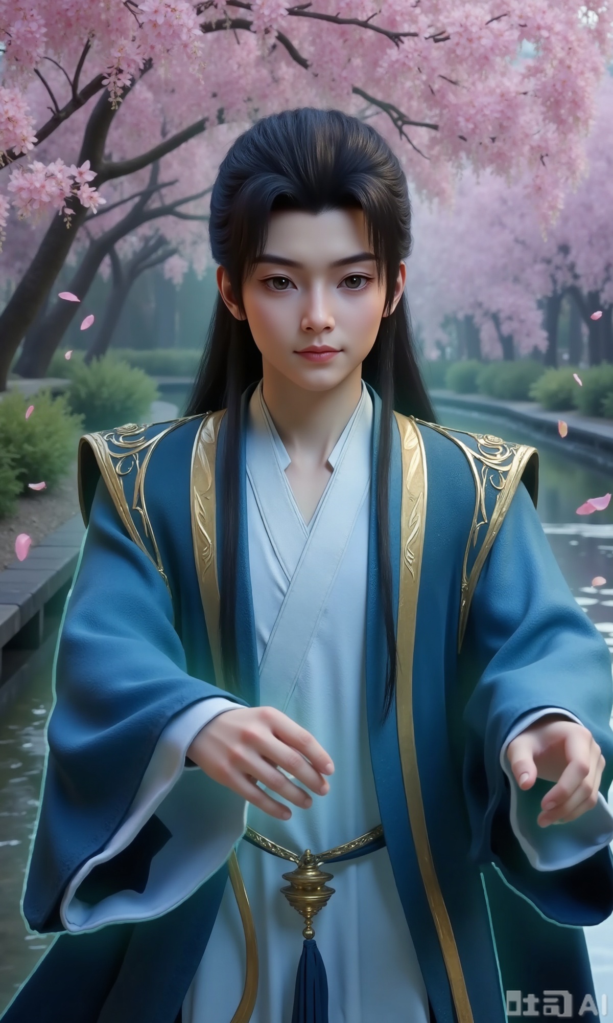 a graceful young man in Hanfu,  jet-black long hair,  peach blossom forest by DeepBlue藍心 on Tensor.Art
