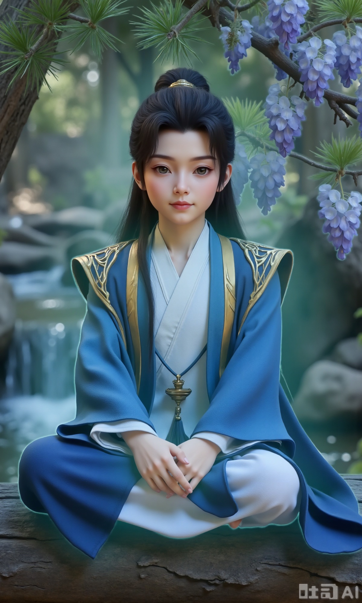 a recluse in Hanfu,  ethereal appearance,  sitting cross-legged under a pine tree by DeepBlue藍心 on Tensor.Art