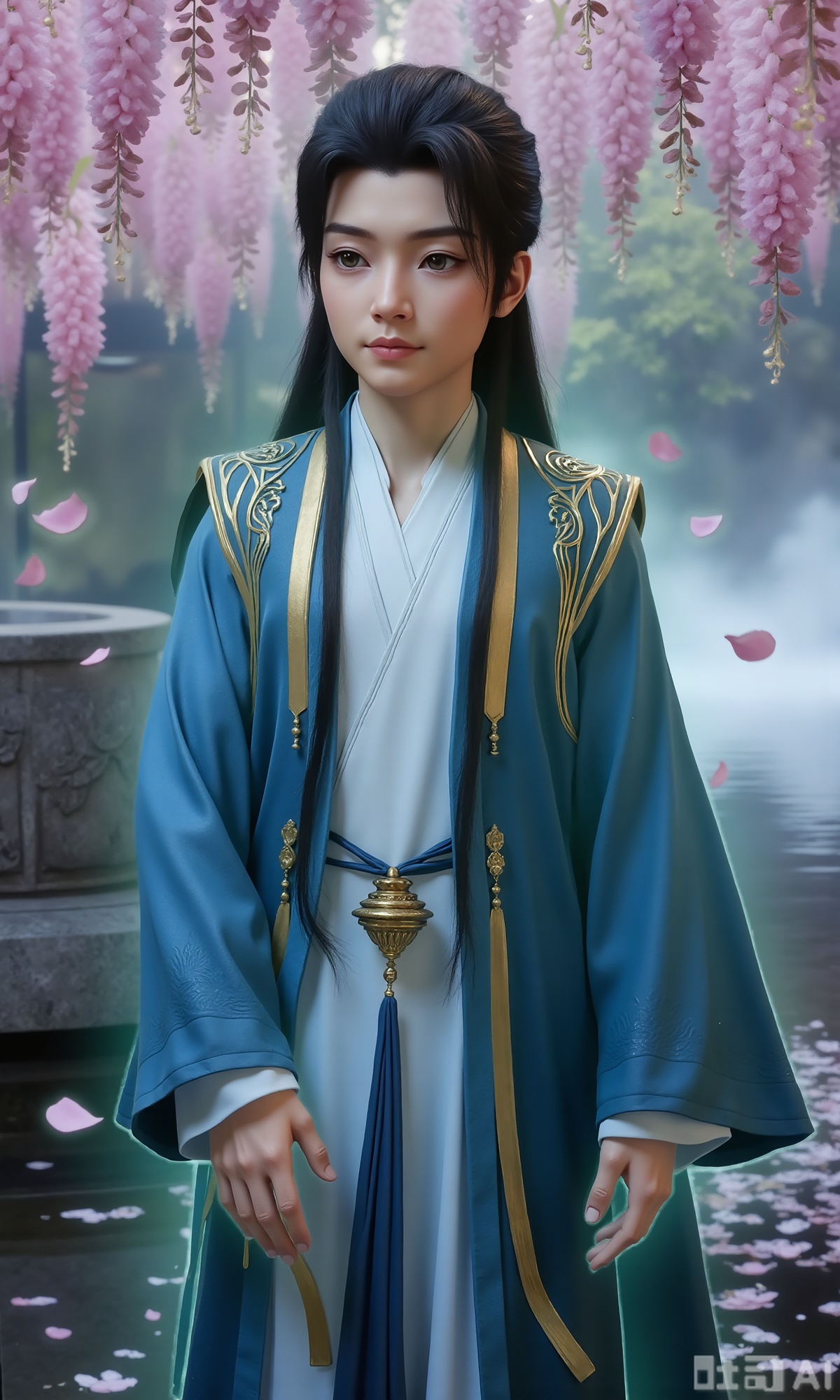 (masterpiece,best quality:1.23), a graceful young man in Hanfu, jet-black long hair, peach blossom forest, lakeside, falling petals, wisteria,Xzhanyihanli,Xhanlaomo,Xhanlizhanyi,Xhanlichangfu,XhanliYY,Xhanliyuanying