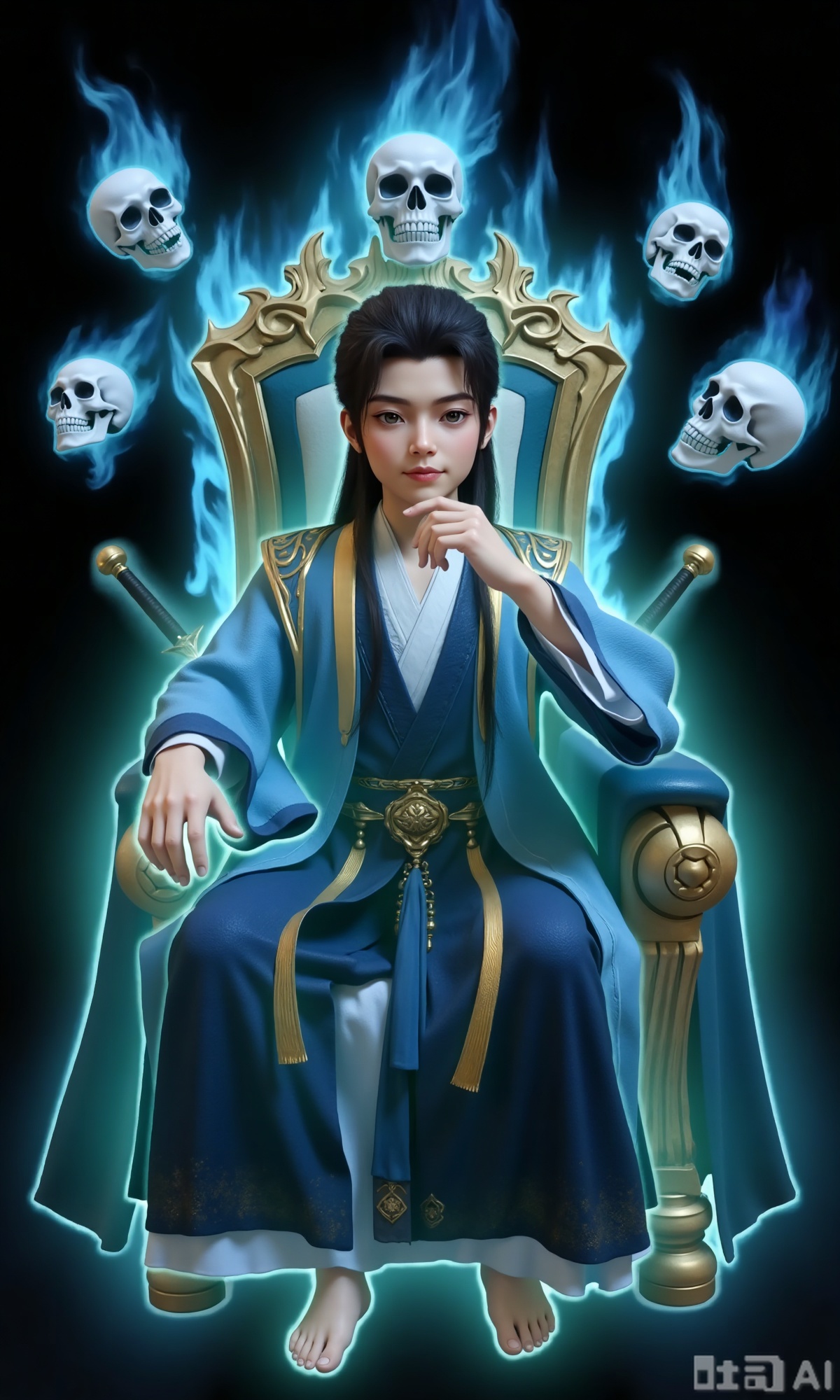 (masterpiece,best quality:1.23), 1boy, The character is dressed in a traditional outfit, consisting of a light blue robe with intricate patterns and a black inner garment featuring a skeletal design. The character has long black hair and striking eyes shadow.The image depicts a regal figure seated on an ornate throne, surrounded by swirling blue flames. The throne is intricately designed with gold accents, and the figure has long black hair. Floating around the figure are several white skulls, adding a mysterious and eerie atmosphere to the scene. The background is dark, enhancing the contrast with the glowing blue flames and the figure's attire.One hand rests on the chin, with a very playful expression, Sitting on a throne made of skulls and swords, with a spooky background,,,Xzhanyihanli,Xhanlaomo,Xhanlizhanyi,Xhanlichangfu,XhanliYY,Xhanliyuanying