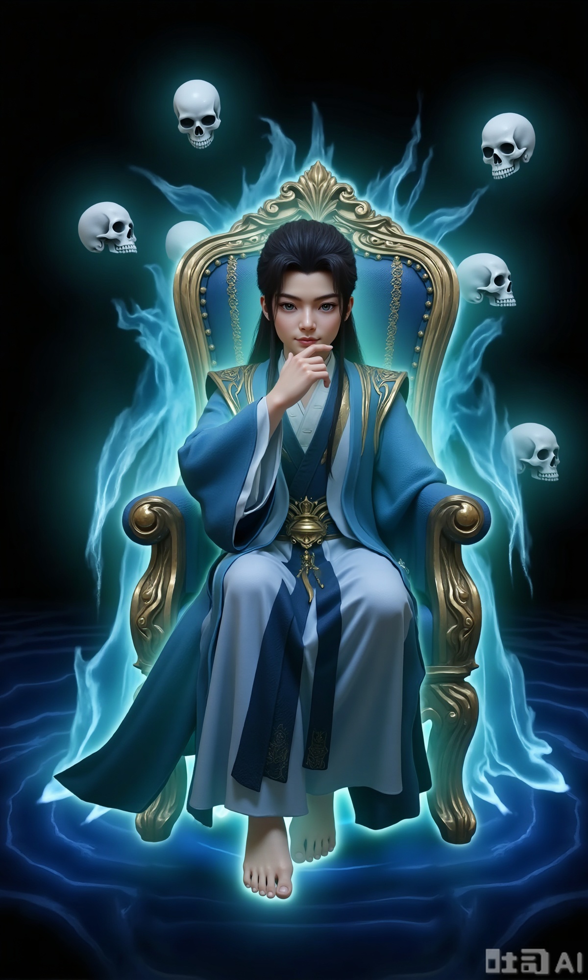 (masterpiece,best quality:1.23), 1boy, The character is dressed in a traditional outfit, consisting of a light blue robe with intricate patterns and a black inner garment featuring a skeletal design. The character has long black hair and striking eyes shadow.The image depicts a regal figure seated on an ornate throne, surrounded by swirling blue flames. The throne is intricately designed with gold accents, and the figure has long black hair. Floating around the figure are several white skulls, adding a mysterious and eerie atmosphere to the scene. The background is dark, enhancing the contrast with the glowing blue flames and the figure's attire.One hand rests on the chin, with a very playful expression, Sitting on a throne made of skulls and swords, with a spooky background,,,Xzhanyihanli,Xhanlaomo,Xhanlizhanyi,Xhanlichangfu,XhanliYY,Xhanliyuanying