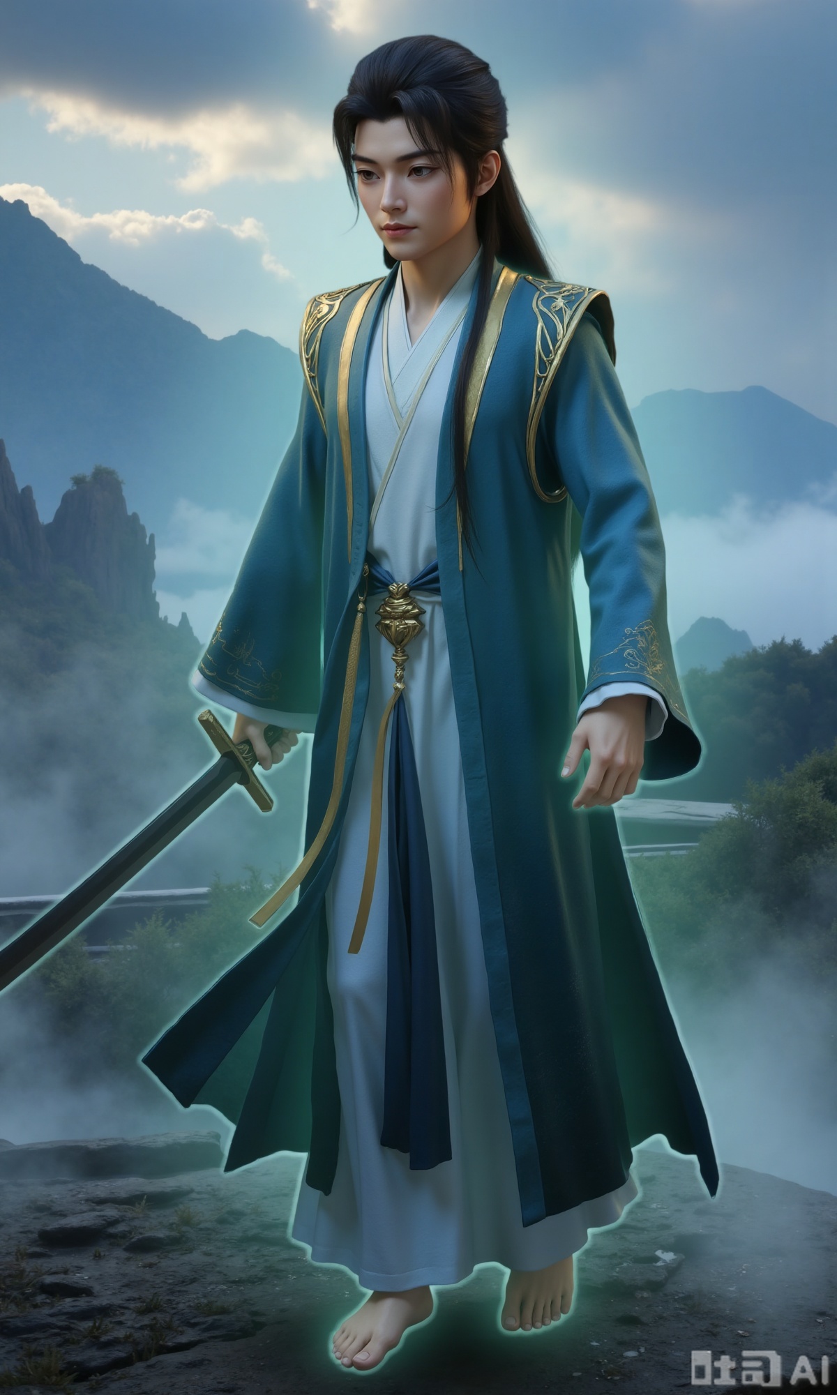 (masterpiece,best quality:1.23), a majestic man in Hanfu, long hair, with a sword, mystical clouds and fog, distant mountains background,,Xzhanyihanli,Xhanlaomo,Xhanlizhanyi,Xhanlichangfu,XhanliYY,Xhanliyuanying