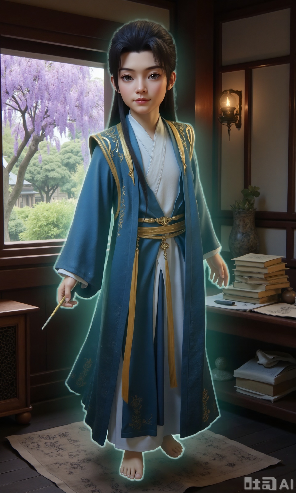 (masterpiece,best quality:1.23),ancient Chinese youth, tall and slender, hanfu, writing with a brush, inside a scholarly study with a wisteria window view, scrolls and books, soft shadows, peaceful atmosphere,,Xzhanyihanli,Xhanlaomo,Xhanlizhanyi,Xhanlichangfu,XhanliYY,Xhanliyuanying