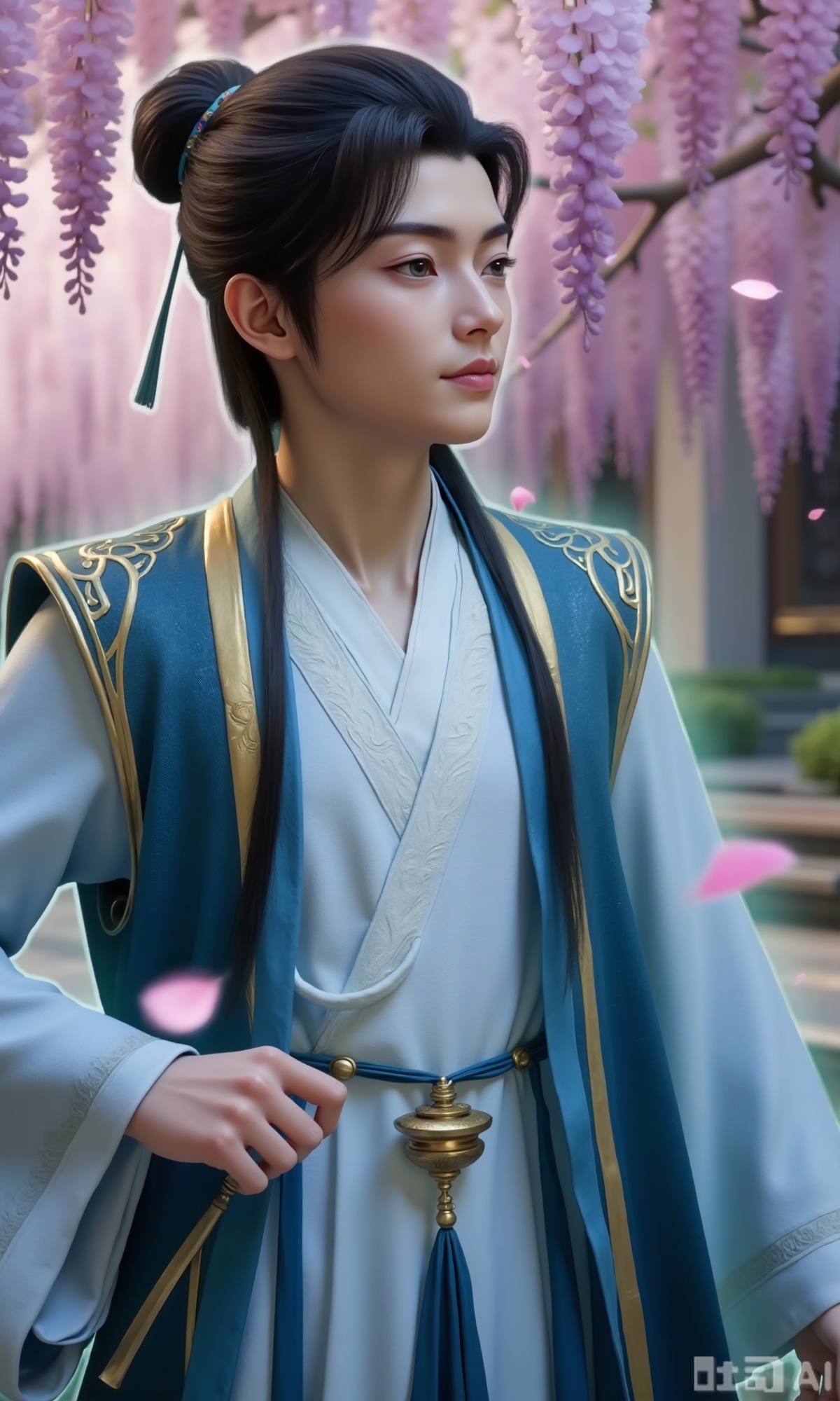 (masterpiece,best quality:1.23),ancient Chinese youth, tall and slender, hanfu, sitting under a cherry blossom tree and wisteria, falling petals, soft focus, out-of-focus background, dreamlike and romantic,,,Xzhanyihanli,Xhanlaomo,Xhanlizhanyi,Xhanlichangfu,XhanliYY,Xhanliyuanying