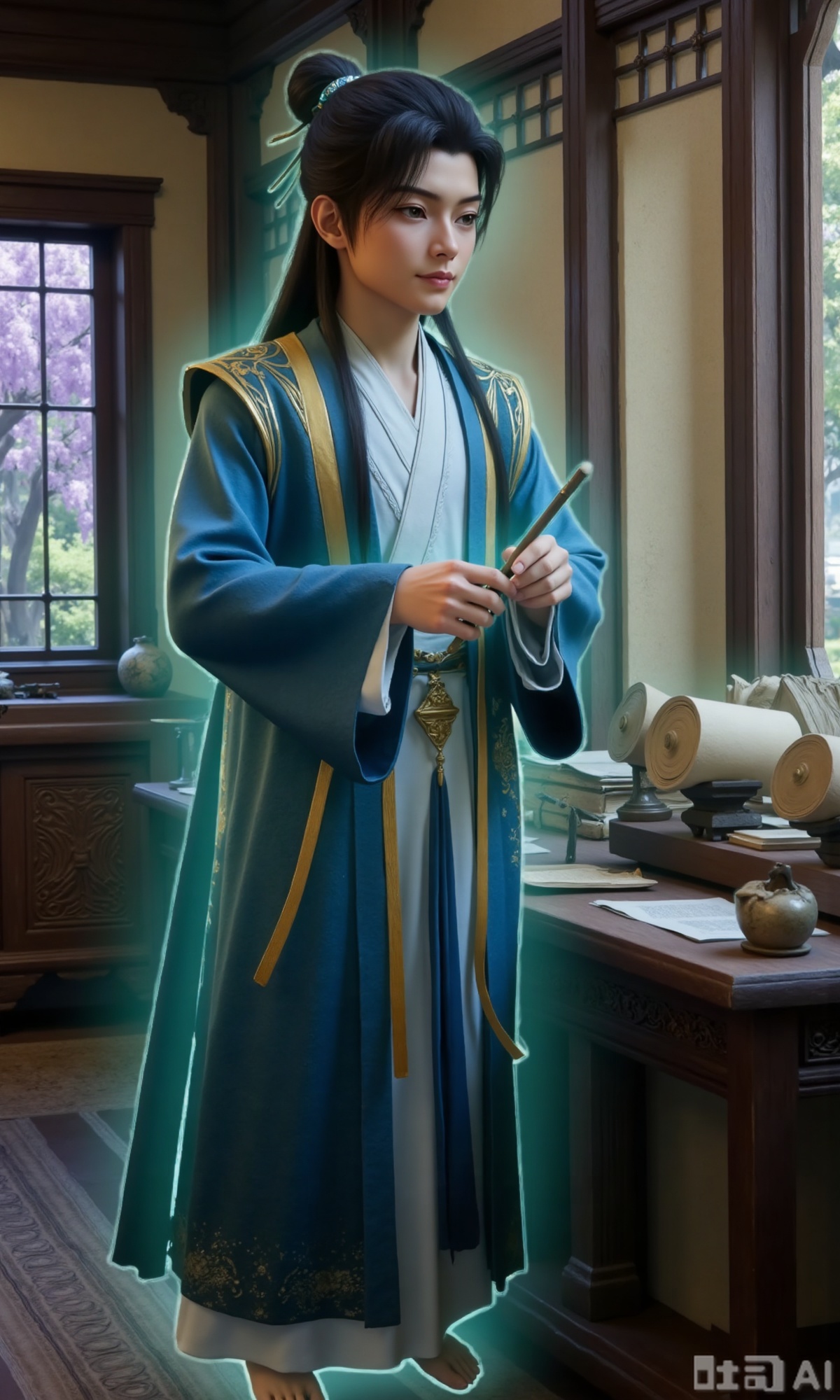 (masterpiece,best quality:1.23),ancient Chinese youth, tall and slender, hanfu, writing with a brush, inside a scholarly study with a wisteria window view, scrolls and books, soft shadows, peaceful atmosphere,,Xzhanyihanli,Xhanlaomo,Xhanlizhanyi,Xhanlichangfu,XhanliYY,Xhanliyuanying