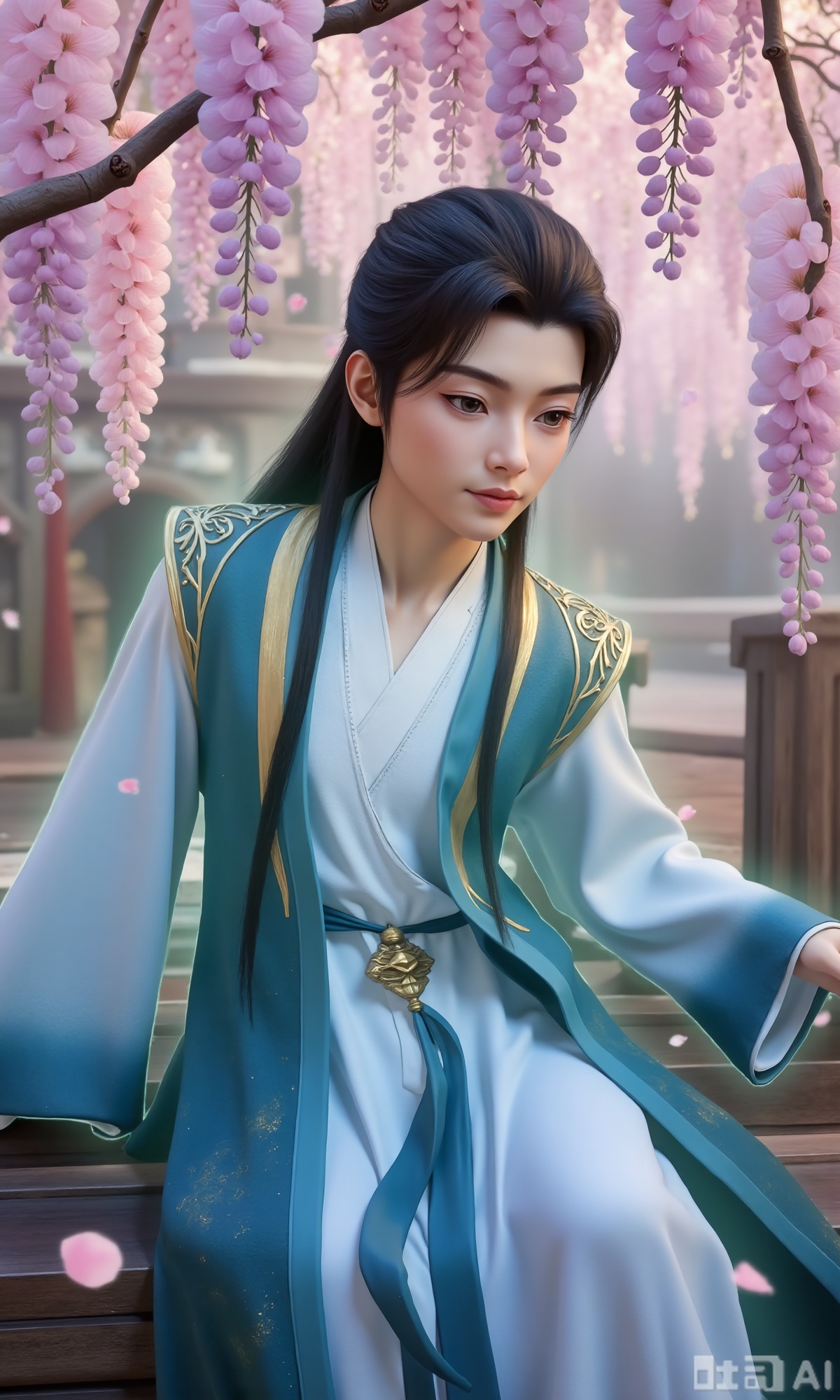 (masterpiece,best quality:1.23),ancient Chinese youth, tall and slender, hanfu, sitting under a cherry blossom tree and wisteria, falling petals, soft focus, out-of-focus background, dreamlike and romantic,,,Xzhanyihanli,Xhanlaomo,Xhanlizhanyi,Xhanlichangfu,XhanliYY,Xhanliyuanying