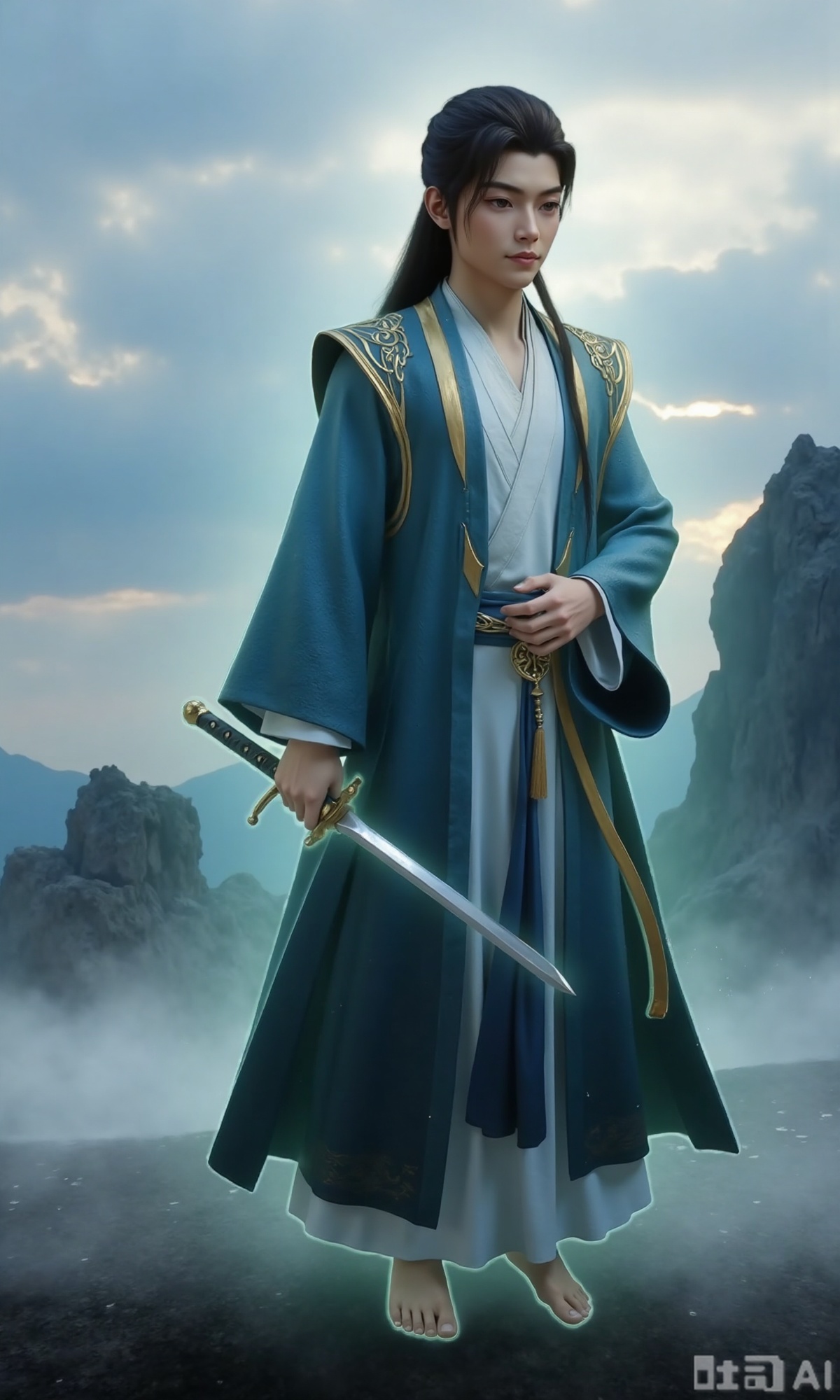 (masterpiece,best quality:1.23), a majestic man in Hanfu, long hair, with a sword, mystical clouds and fog, distant mountains background,,Xzhanyihanli,Xhanlaomo,Xhanlizhanyi,Xhanlichangfu,XhanliYY,Xhanliyuanying
