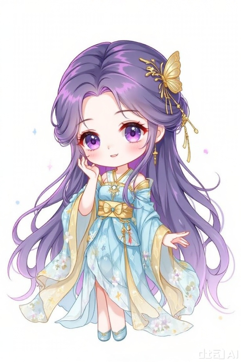 This is a digital cartoon-style illustration featuring a young girl with long and flowing purple hair, wearing a golden butterfly hairpin on her head. Her large and expressive purple eyes complement her small and delicate nose as well as her gentle smile. She is dressed in a delicate blue and gold checkered kimono with floral patterns and a bow decoration on the chest. Her right hand rests on her cheek, and her left hand is slightly extended. The background is pure white, adding a dreamy atmosphere. The overall style is cute and full of fantastical colors, emphasizing bright colors and exquisite details.