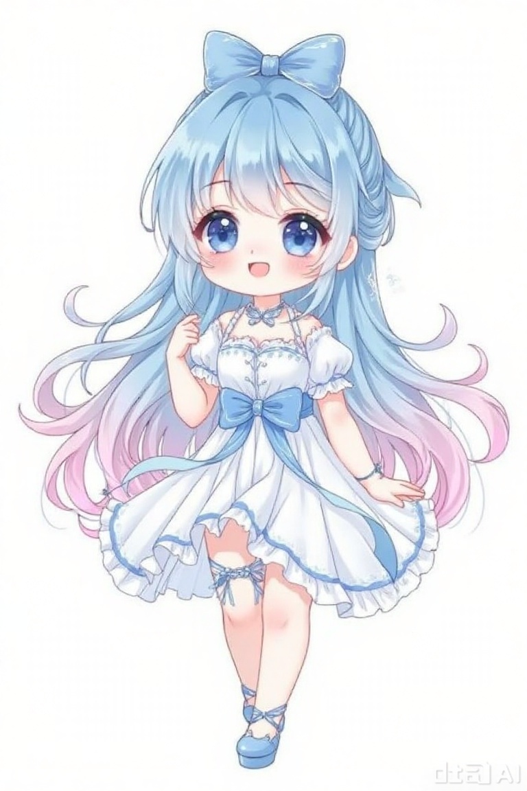This is a digital, cute anime-style illustration. In the picture, there is a lovely girl with big and expressive blue eyes and long, flowing hair (the ends of the hair gradually change from blue to pink). She has a small and round face, with rosy cheeks and a cheerful expression on her face. She is wearing a white pleated dress with blue decorations, including a blue ribbon tied around her neck and a blue bow on the upper part of her thighs. There is also a big blue bow tied at the top of her hair. The girl is standing gracefully, with a pure white background, making her the focus of the picture. This artwork has a gentle style and light colors, with a delicate and dreamy charm.