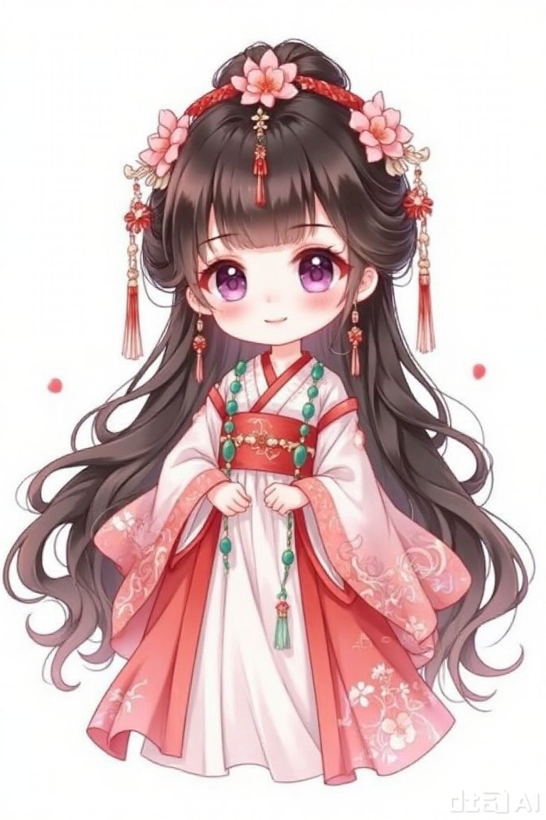 This is a digital illustration in a cute anime style. In the picture, there is a young girl with big and expressive purple eyes, long and wavy black hair, and pink flowers, red ribbons and small tassels decorating her head. She is wearing a traditional pink and white kimono with exquisite floral patterns and green beads. Her small hands gently hold the hem of the kimono. The background is pure white, creating a delicate and dreamy atmosphere. The girl's cheeks are slightly flushed, she has a gentle and innocent smile, and the overall color combination is soft and elegant, enhancing the charming and dreamy feeling of the illustration.