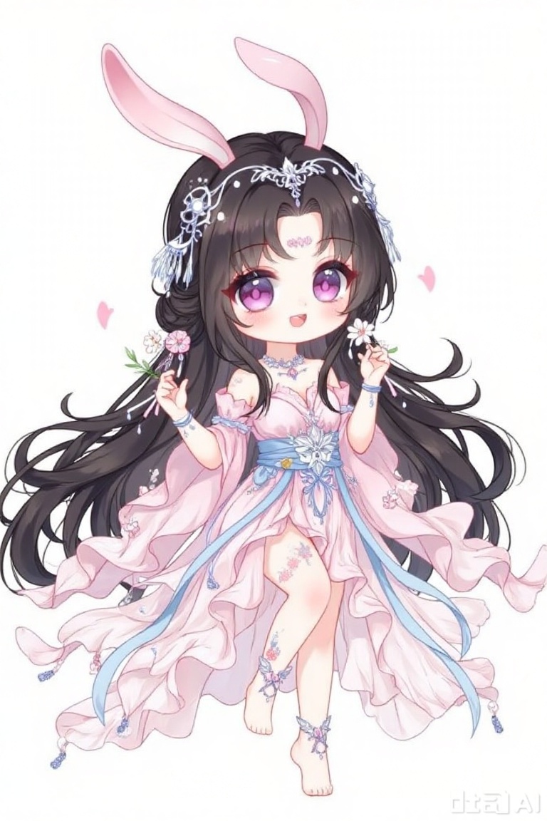 this is a digital anime-style illustration of a chibi girl with large, expressive purple eyes and long, flowing black hair adorned with pink bunny ears and intricate white and pink hair accessories, she is wearing a delicate, semi-transparent pink and blue dress with floral patterns and ribbons, and is barefoot, the dress has a flowing, layered design with sheer, ruffled fabric, she holds a small white flower in her right hand, and her left hand is raised near her face, the background is plain white, making the character the focal point, the overall style is cute and whimsical, with soft pastel colors and detailed, delicate textures