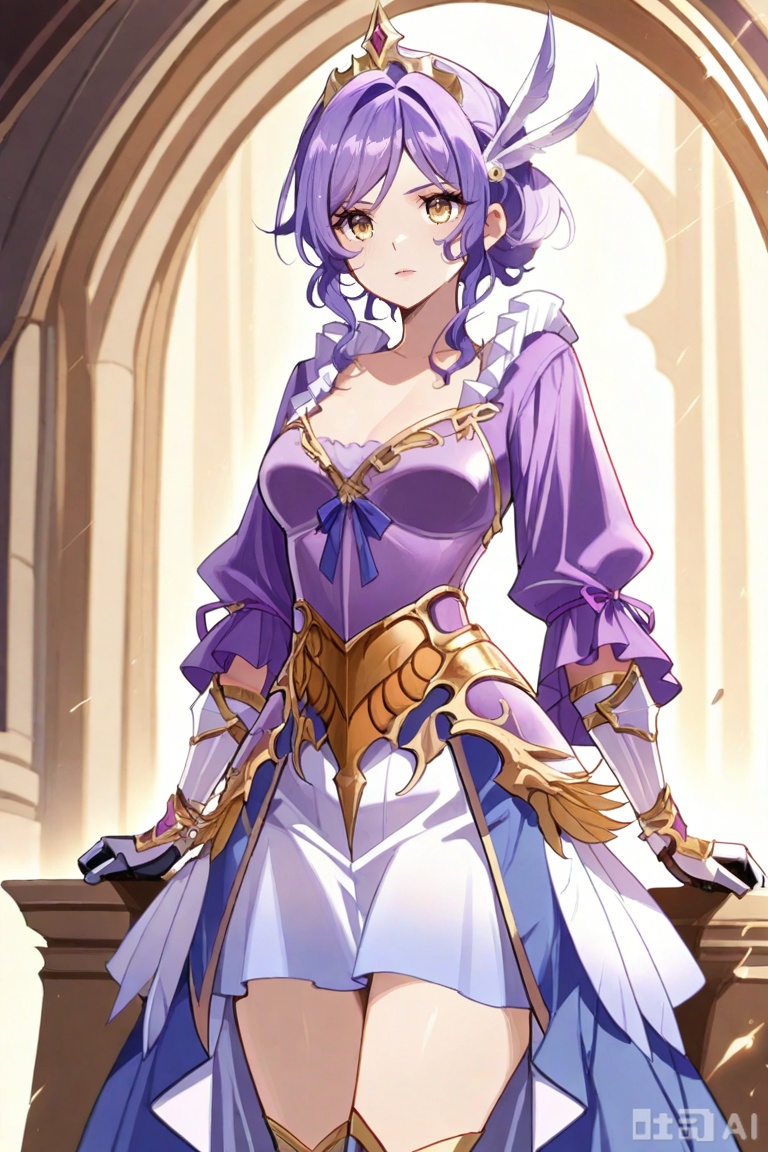 1girl,solo, yellow eyes, purple hair, tiara, feather hair ornament, armored dress, blue skirt, arm armor, gauntlets, armored boots
 Gong_Dress, yellow eyes, purple hair, frills, purple dress, long sleeves, white skirt, 宫鸾羽,