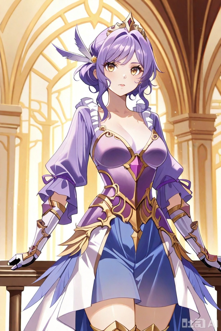 1girl,solo, yellow eyes, purple hair, tiara, feather hair ornament, armored dress, blue skirt, arm armor, gauntlets, armored boots
 Gong_Dress, yellow eyes, purple hair, frills, purple dress, long sleeves, white skirt, 宫鸾羽,