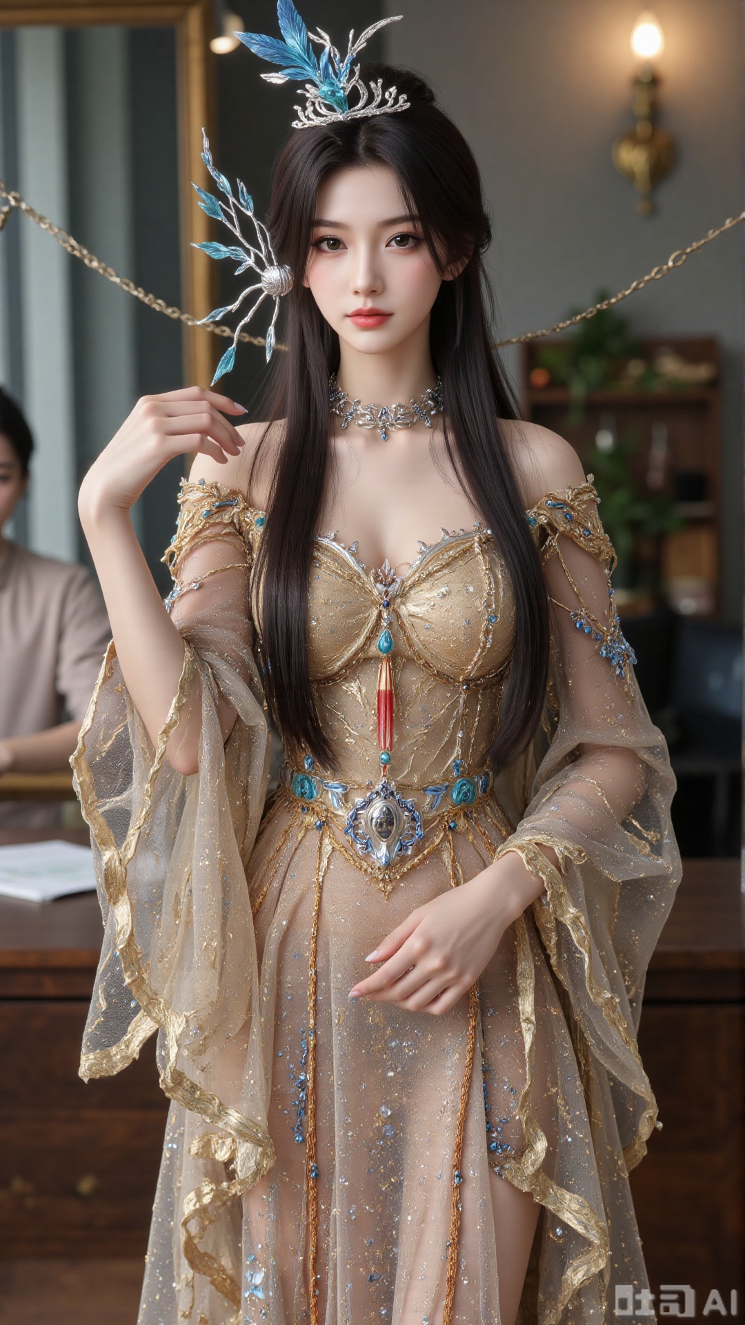 1girl, long hair, solo, dress, hair ornament, black hair, chinese clothes, mischevious smile, perfect body, scenery, sharp focus, best quality, masterpiece, detailed outfit, illustration, perfect eyes, finely detailed beautiful anime eyes, realistic skin, intricate details, best lighting, depth of field, ultra high resolution, cowboy_shot