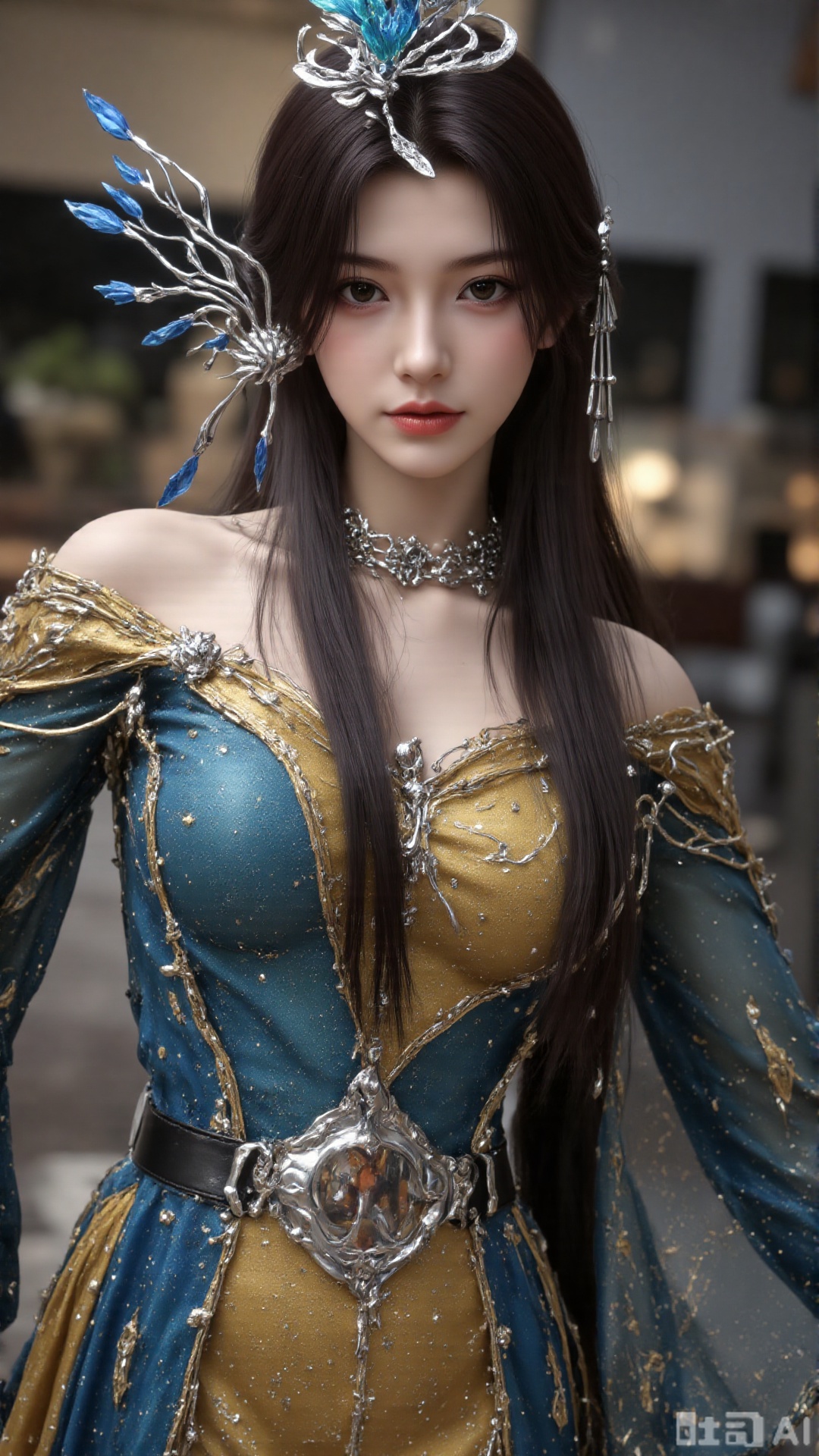 1girl, long hair, solo, dress, hair ornament, black hair, mischevious smile, perfect body, scenery, sharp focus, best quality, masterpiece, detailed outfit, illustration, perfect eyes, finely detailed beautiful anime eyes, realistic skin, intricate details, best lighting, depth of field, ultra high resolution, cowboy_shot