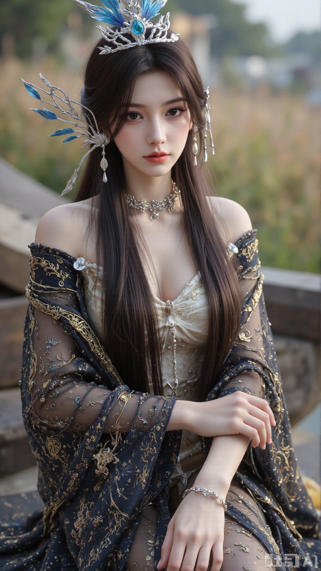 1girl, long hair, solo, dress, hair ornament, black hair, chinese clothes, mischevious smile, perfect body, scenery, sharp focus, best quality, masterpiece, detailed outfit, illustration, perfect eyes, finely detailed beautiful anime eyes, realistic skin, intricate details, best lighting, depth of field, ultra high resolution, sitting