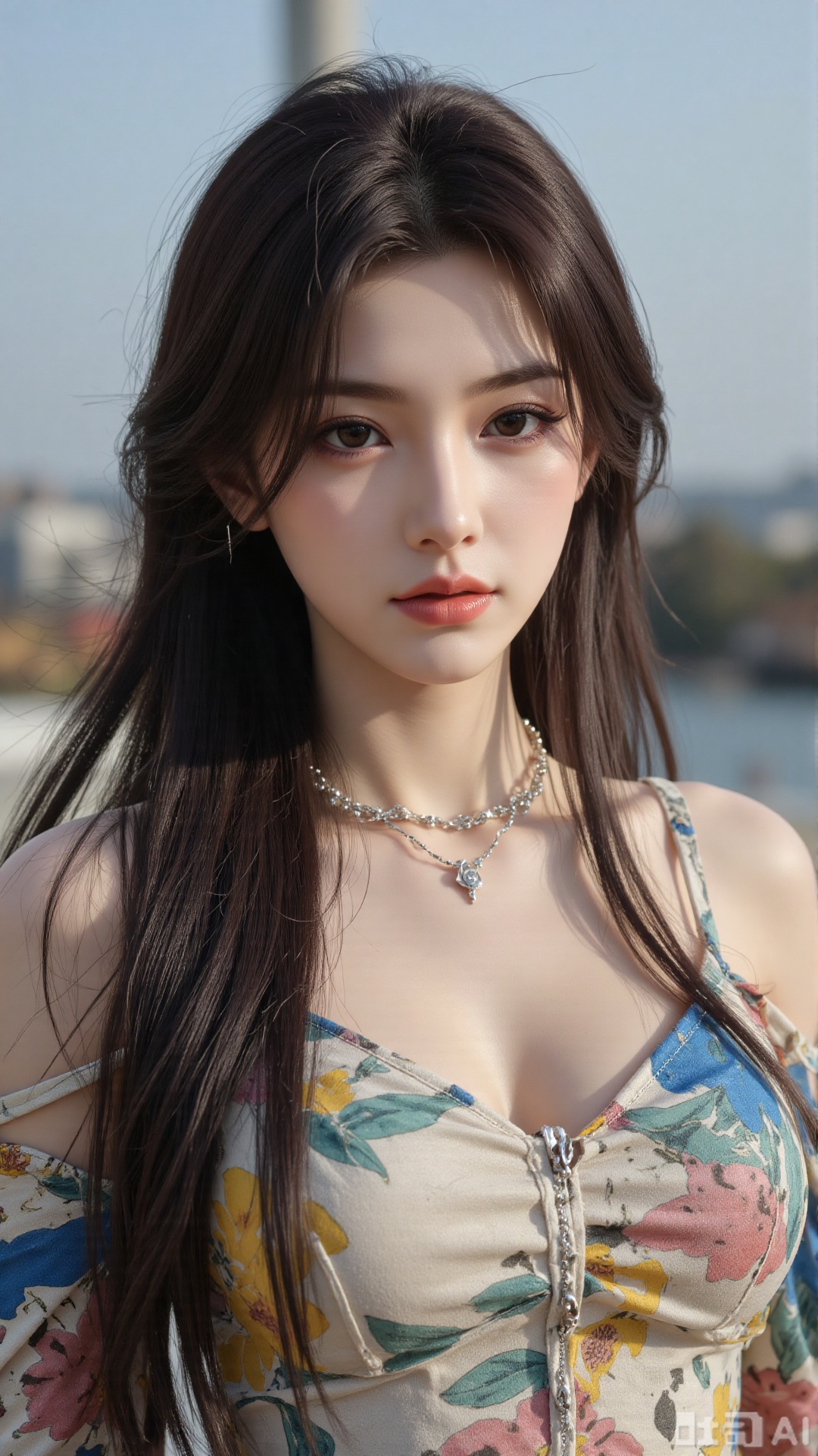  a asian woman, sexy long hair, blue eyes, charming and seductive temperament, distant close-up, golden ratio, movie texture, minimalism, high-end feeling, strong contrast between cold and warm, outdoor scenes, 