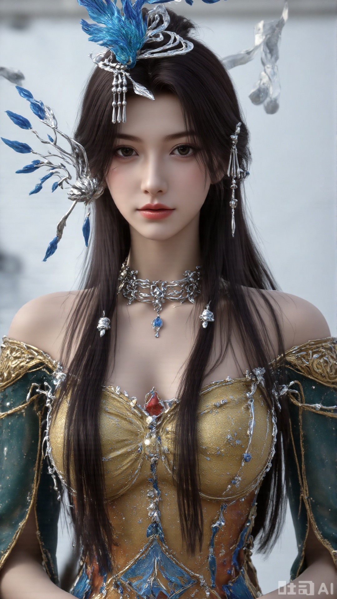 1girl, long hair, solo, dress, hair ornament, black hair, mischevious smile, perfect body, scenery, sharp focus, best quality, masterpiece, detailed outfit, illustration, perfect eyes, finely detailed beautiful anime eyes, realistic skin, intricate details, best lighting, depth of field, ultra high resolution, sitting