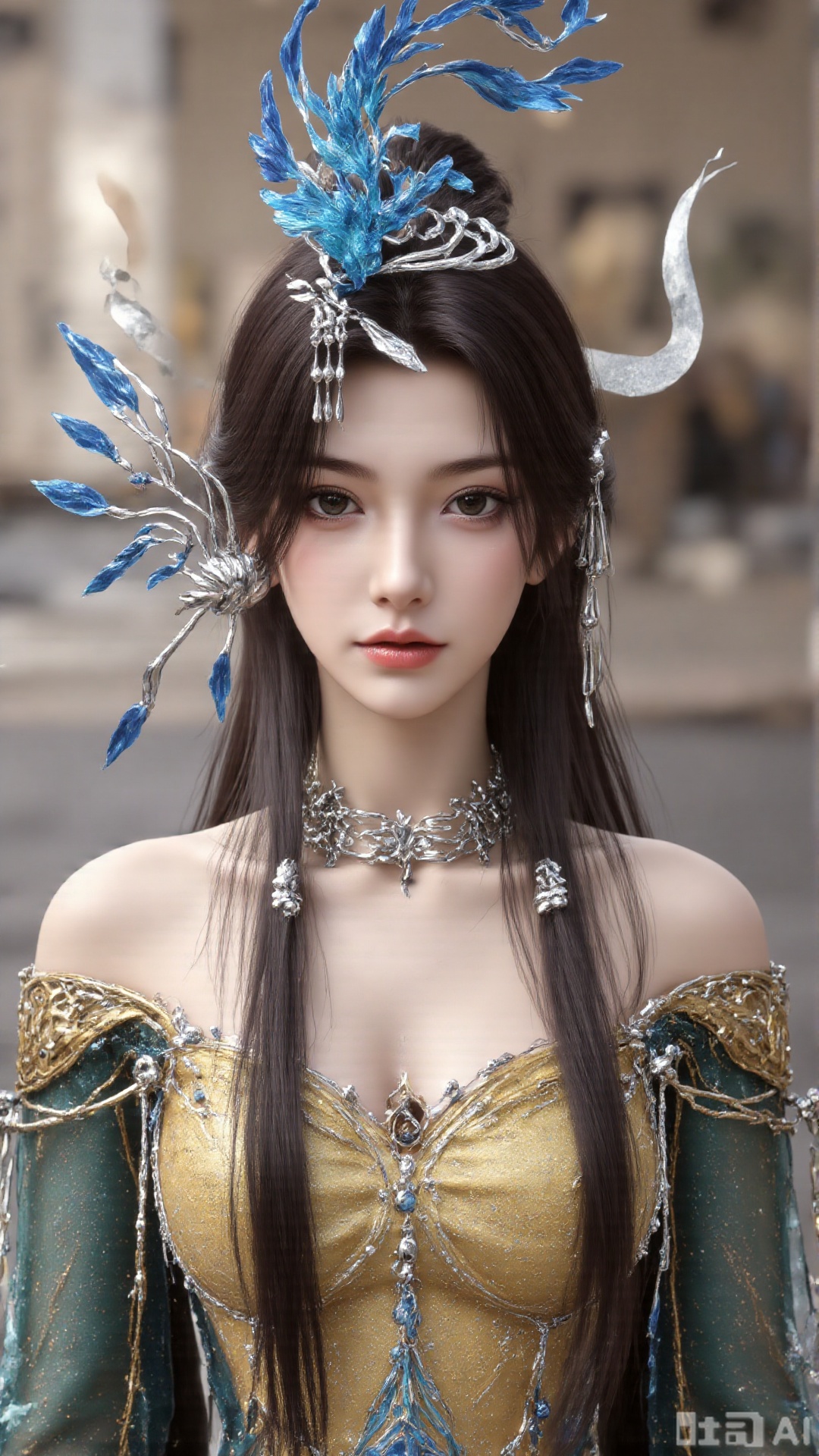 1girl, long hair, solo, dress, hair ornament, black hair, mischevious smile, perfect body, scenery, sharp focus, best quality, masterpiece, detailed outfit, illustration, perfect eyes, finely detailed beautiful anime eyes, realistic skin, intricate details, best lighting, depth of field, ultra high resolution, cowboy_shot