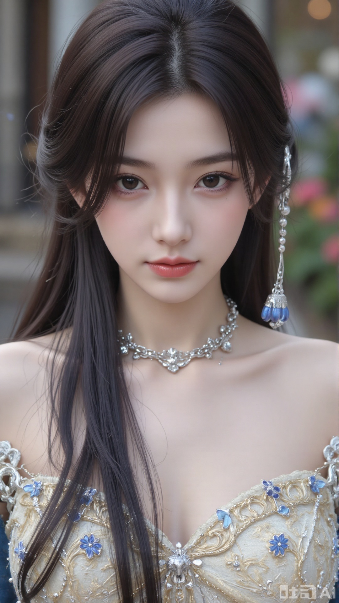 1girl, long hair, solo, dress, hair ornament, black hair, chinese clothes, mischevious smile, perfect body, scenery, sharp focus, best quality, masterpiece, detailed outfit, illustration, perfect eyes, finely detailed beautiful anime eyes, realistic skin, intricate details, best lighting, depth of field, ultra high resolution, cowboy_shot