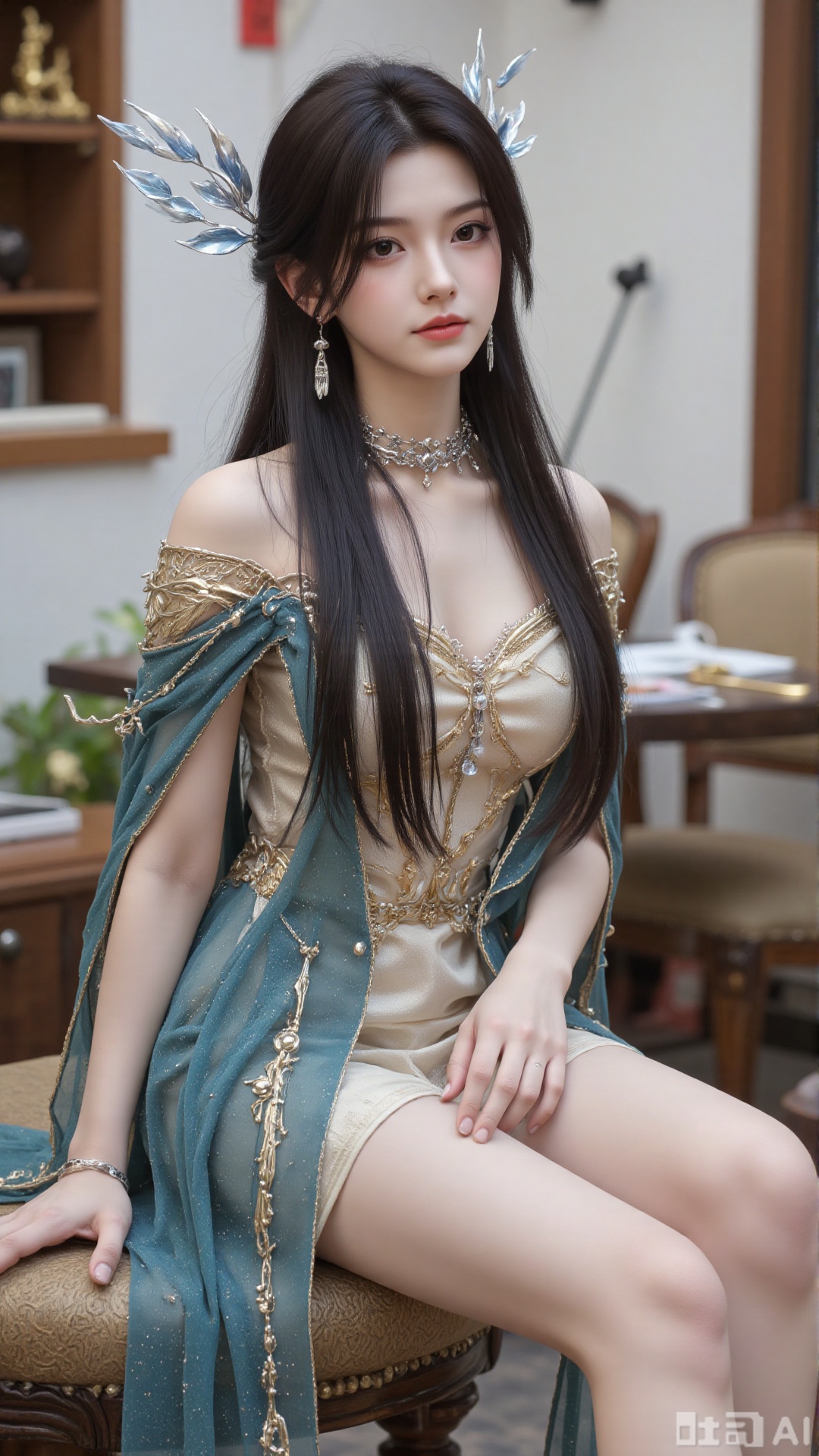 1girl, long hair, solo, dress, hair ornament, black hair, chinese clothes, mischevious smile, perfect body, scenery, sharp focus, best quality, masterpiece, detailed outfit, illustration, perfect eyes, finely detailed beautiful anime eyes, realistic skin, intricate details, best lighting, depth of field, ultra high resolution, sitting
