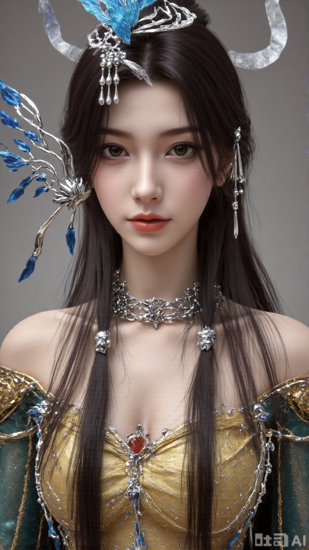 1girl, long hair, solo, dress, hair ornament, black hair, chinese clothes, mischevious smile, perfect body, scenery, sharp focus, best quality, masterpiece, detailed outfit, illustration, perfect eyes, finely detailed beautiful anime eyes, realistic skin, intricate details, best lighting, depth of field, ultra high resolution, sitting
