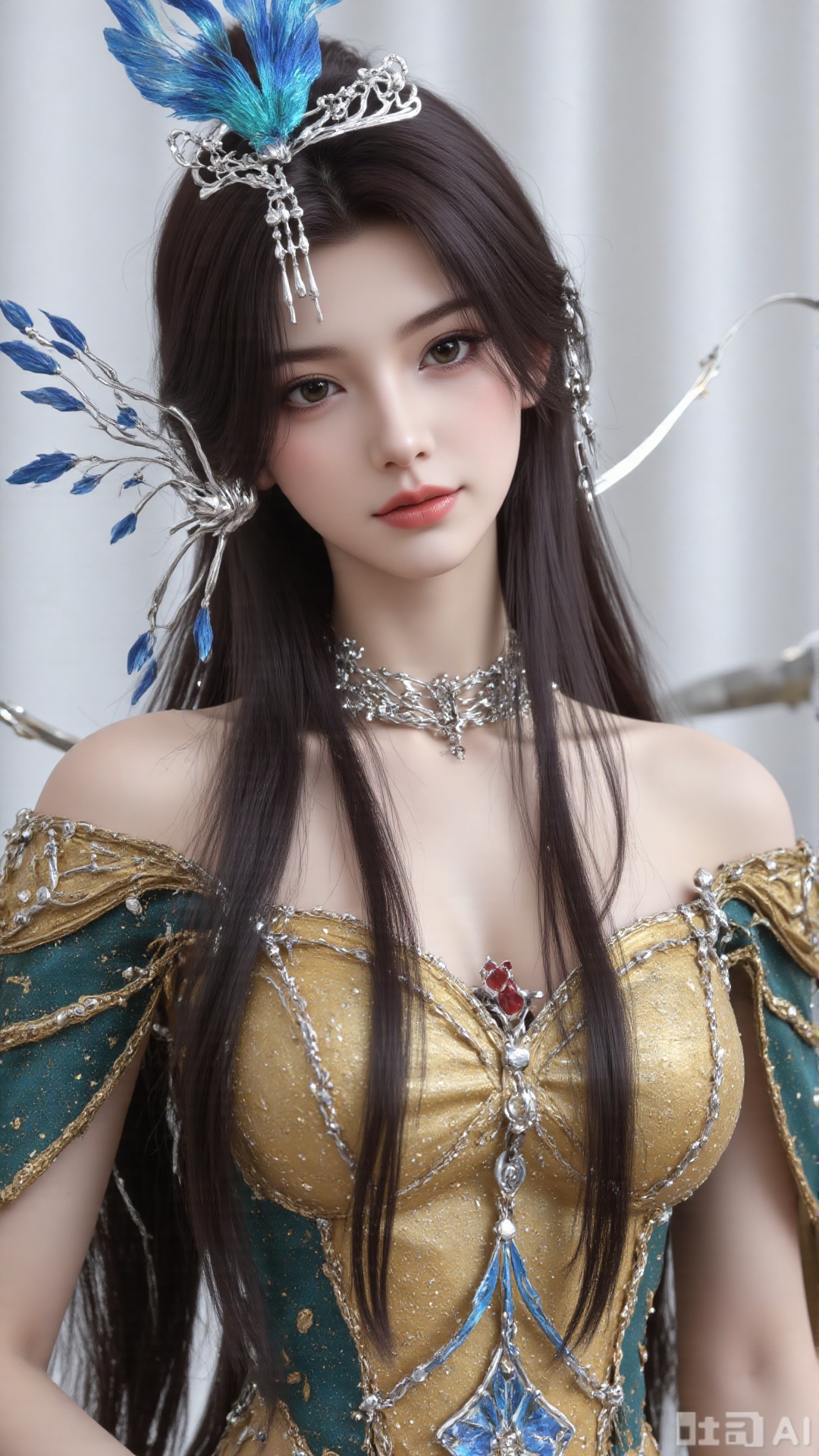 1girl, long hair, solo, dress, hair ornament, black hair, mischevious smile, perfect body, scenery, sharp focus, best quality, masterpiece, detailed outfit, illustration, perfect eyes, finely detailed beautiful anime eyes, realistic skin, intricate details, best lighting, depth of field, ultra high resolution, cowboy_shot