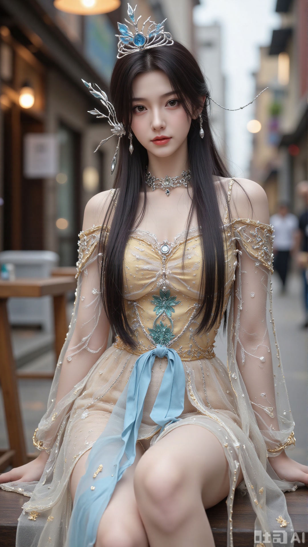 1girl, long hair, solo, dress, hair ornament, black hair, chinese clothes, mischevious smile, perfect body, scenery, sharp focus, best quality, masterpiece, detailed outfit, illustration, perfect eyes, finely detailed beautiful anime eyes, realistic skin, intricate details, best lighting, depth of field, ultra high resolution, sitting