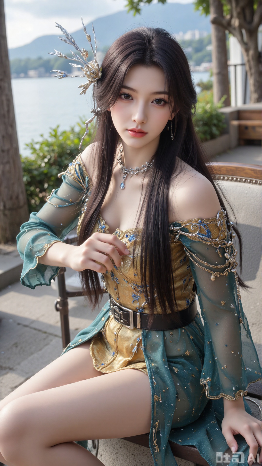 1girl, long hair, solo, dress, hair ornament, black hair, chinese clothes, mischevious smile, perfect body, scenery, sharp focus, best quality, masterpiece, detailed outfit, illustration, perfect eyes, finely detailed beautiful anime eyes, realistic skin, intricate details, best lighting, depth of field, ultra high resolution, sitting