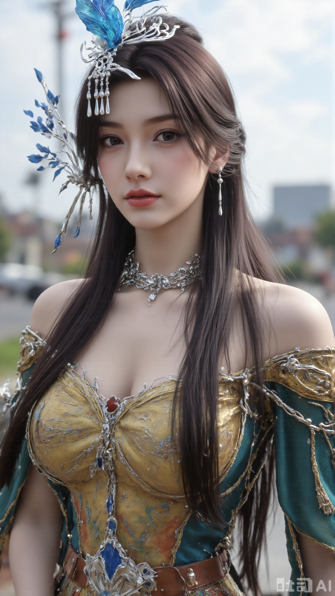 1girl, long hair, solo, dress, hair ornament, black hair, mischevious smile, perfect body, scenery, sharp focus, best quality, masterpiece, detailed outfit, illustration, perfect eyes, finely detailed beautiful anime eyes, realistic skin, intricate details, best lighting, depth of field, ultra high resolution, cowboy_shot