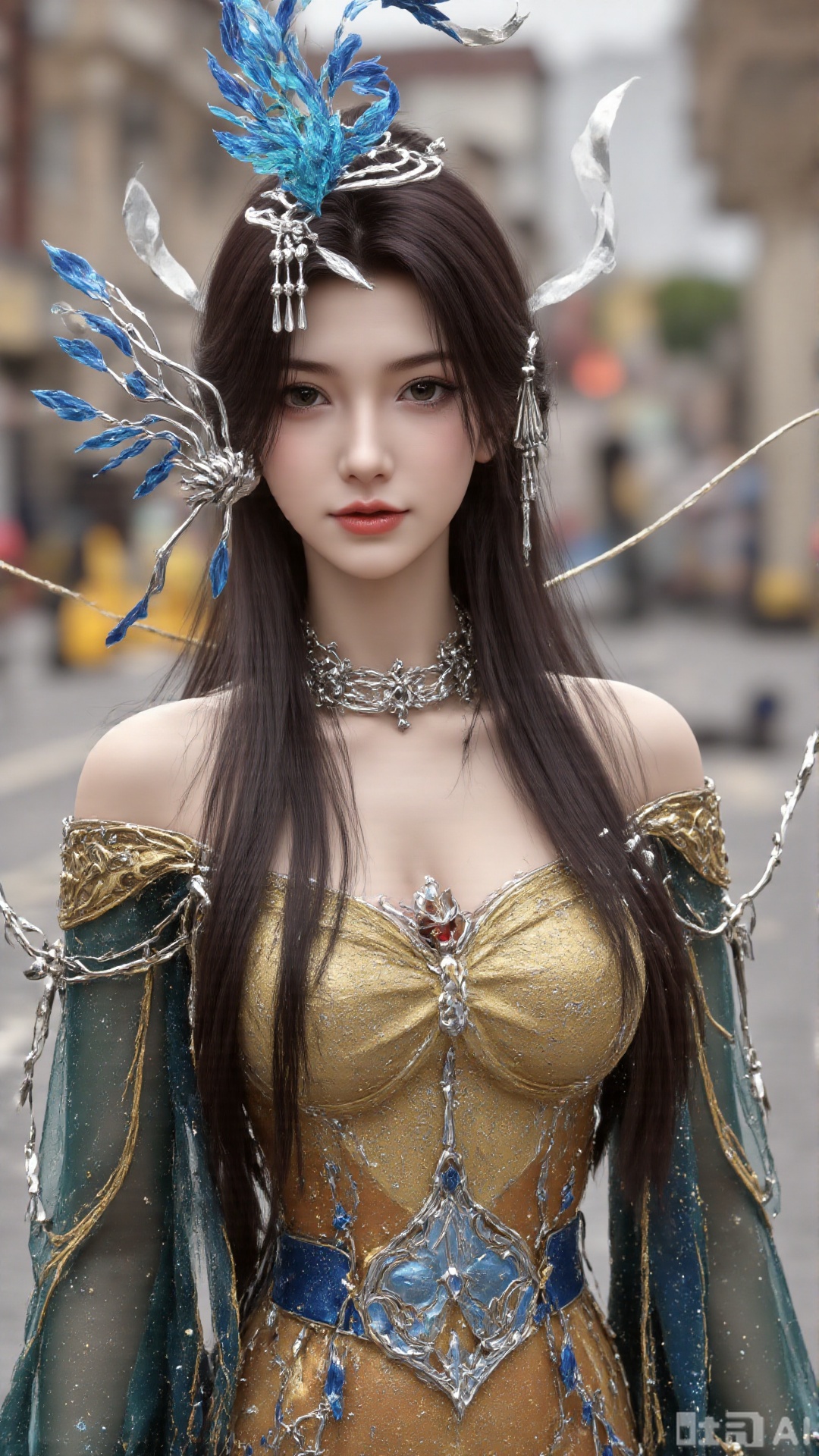 1girl, long hair, solo, dress, hair ornament, black hair, chinese clothes, mischevious smile, perfect body, scenery, sharp focus, best quality, masterpiece, detailed outfit, illustration, perfect eyes, finely detailed beautiful anime eyes, realistic skin, intricate details, best lighting, depth of field, ultra high resolution, sitting