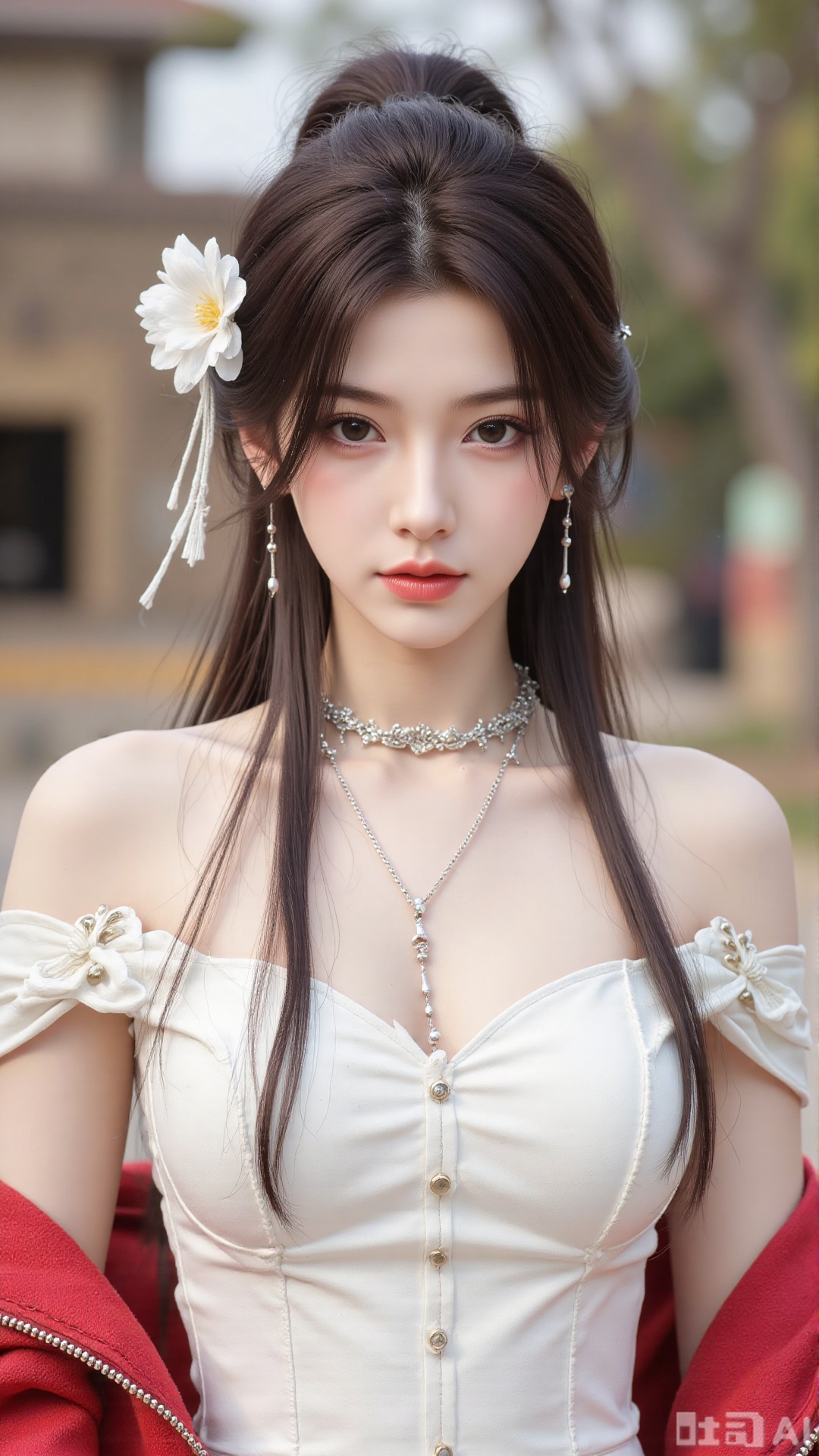 1girl,solo,jewelry,flower,hair flower,hair ornament,necklace,realistic,brown eyes,looking at viewer,dress,blurry background,twin braids,blurry,white dress,long hair,upper body,breasts,pink bow,red jacket,bare shoulders,lips,collarbone,outdoors,cleavage,large natural breast,soft breasts,huge Breasts