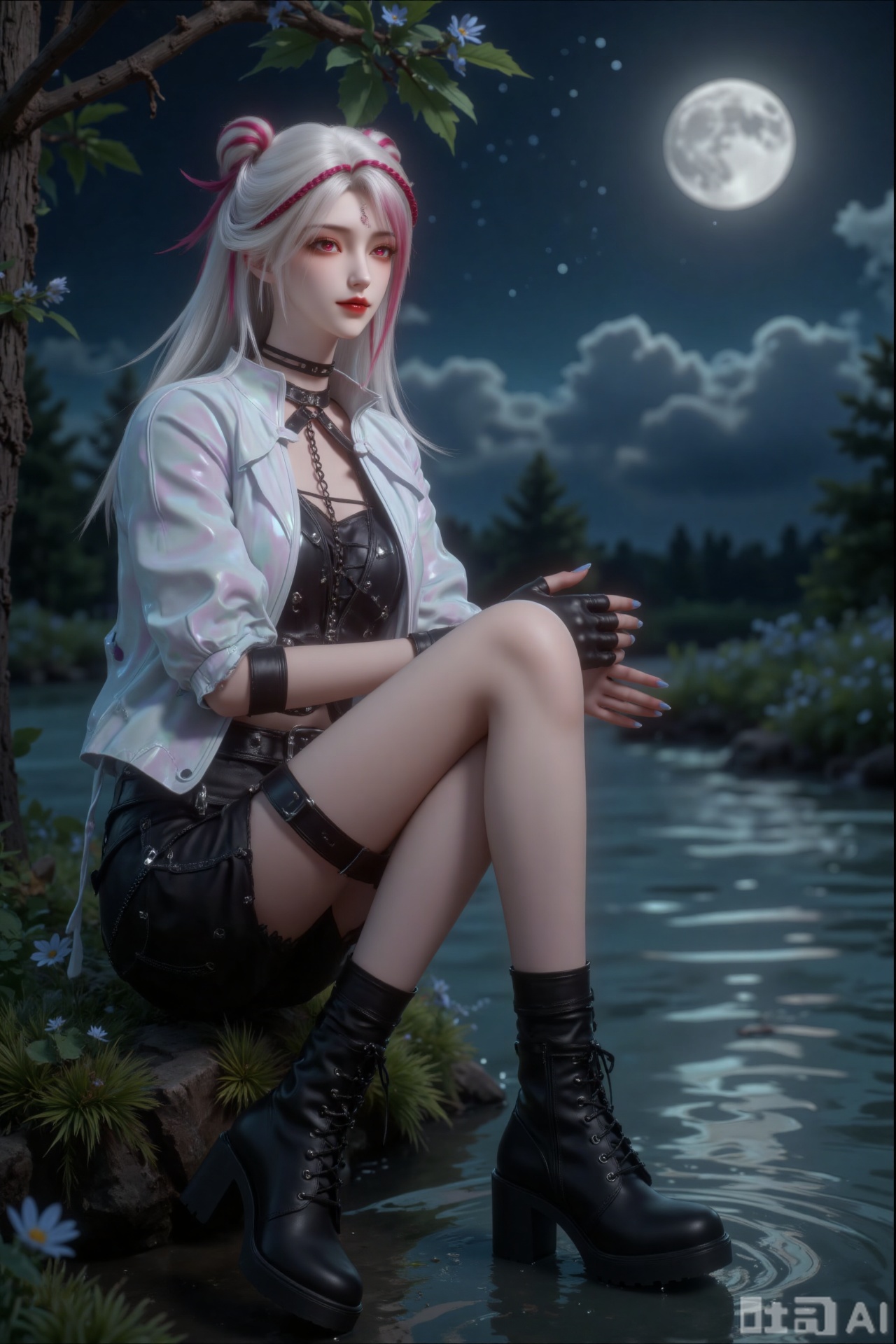 A detailed digital CGI image depicting a young woman with fair skin and long white hair highlights the pink highlights and two pink buns. She is slim and wears a black necklace with metal nails.
Wearing a black leather jacket and a white cyber jacket and a pair of black shorts with chain straps. There are also black boots and fingerless gloves that are tall and tall
Surreal, super beautiful illustration of the girl sitting quietly on a mossy stone on the edge of the forest. He gently held his cheeks, looking at the stars reflected in the night sky, with a faint smile on his lips. His cheeks shone in the moonlight, as if they were one with the night. The bright moonlight passed through the sparse branches and sprinkled on her body, sprinkling clear silver light,
In the quiet forest night view, towering ancient branches outline clear outlines in the night sky, the trees are filled with small blue flowers and green moss, fluorescent, and crystal dewdrops condensed on the petals, like diamonds scattered under the moonlight. Not far away, there is a clear stream. The stream reflects the starry sky and the shadows of trees. The water surface was covered with fine waves. Occasionally, the small fish will jump out of the water and cause ripples.​
The background is the deep night sky, covered with twinkling stars, the brilliant Milky Way spans the sky, and clouds flow slowly in the night sky like veils. The air is filled with the fragrance of moist plants and the fragrance of soil, and the crisp cry of insects and frogs in the distance comes from the forest. The evening breeze blew through the leaves and made a rustling sound. The overall picture is full of ethereal and dreamy romantic atmosphere, cold and soft colors, delicate and mysterious light and shadow, and delicate and lively details, showing the poetic fusion of the night and the youthful atmosphere of nature, just like a secret kingdom in a fairy tale protected by stars.