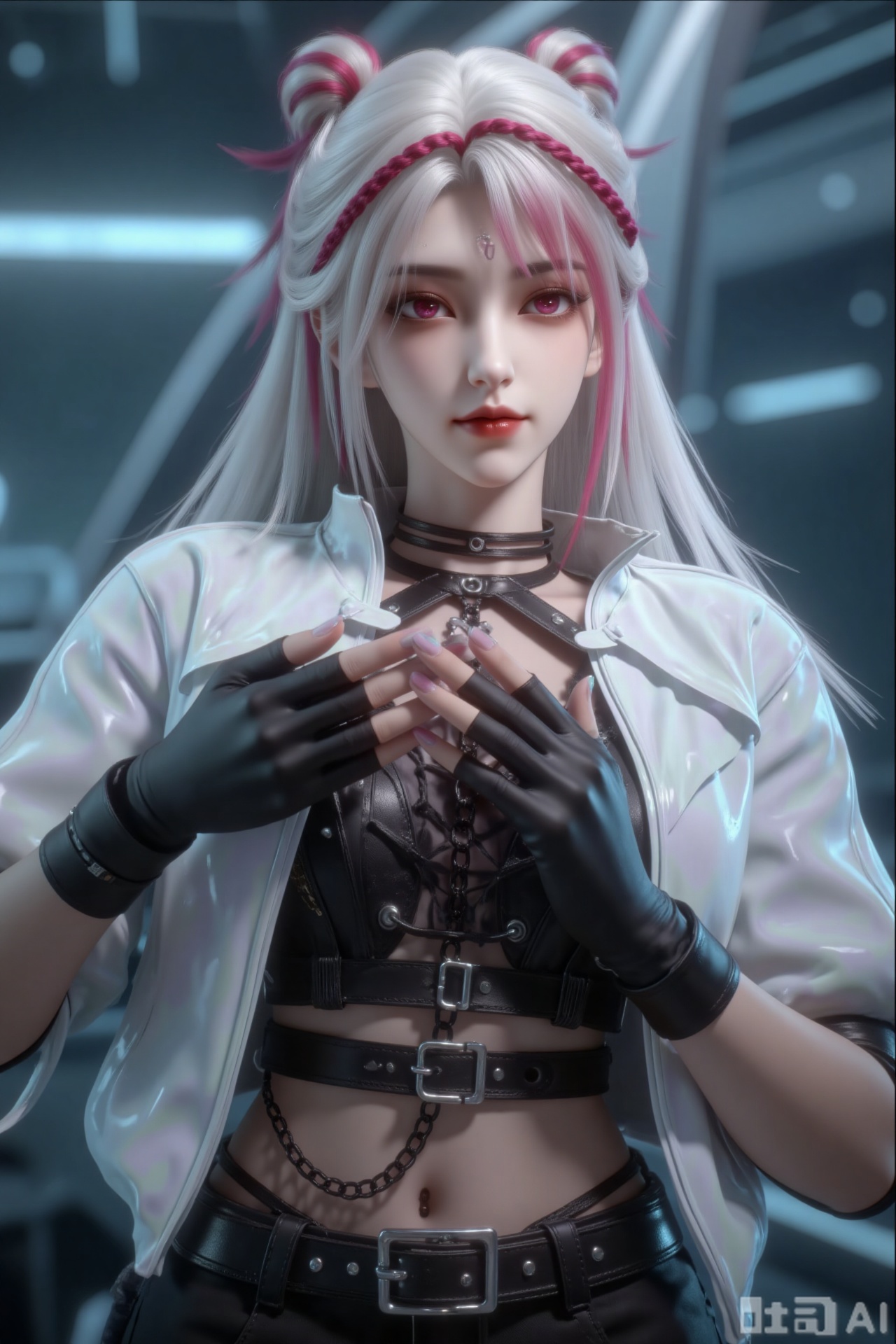 The image depicts a stylized, futuristic character with long, flowing hair that is pink and white. The character is wearing a white jacket over a black crop top with lace details and a chain necklace. They have black gloves and a black belt with a large buckle. The background appears to be a sleek, modern interior with soft blue lighting, giving a high-tech and cyberpunk feel. The character is striking a confident pose, with one hand raised and fingers spread, and the other hand resting near the chest.