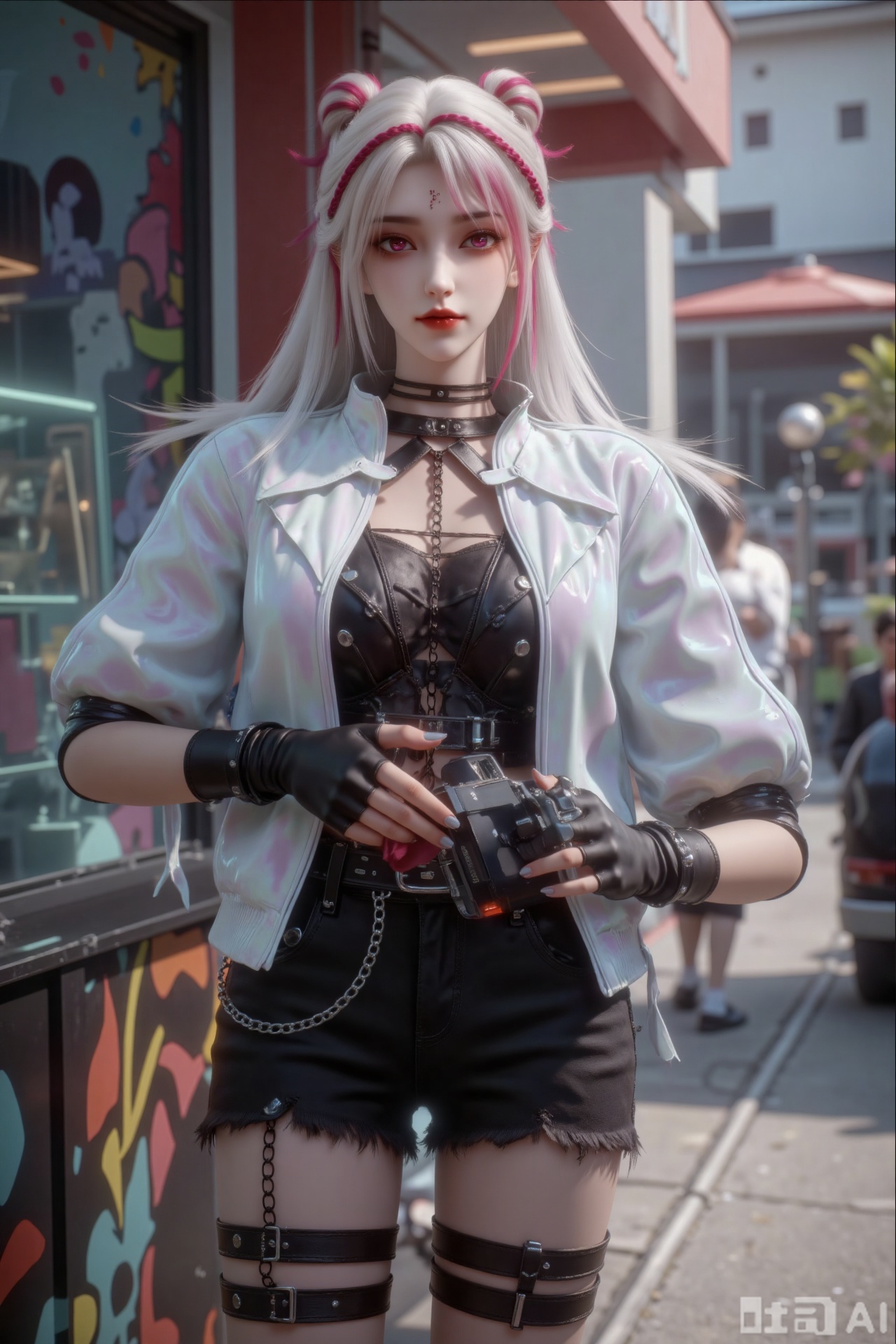 A detailed digital CGI image depicting a young woman with fair skin and long white hair highlights the pink highlights and two pink buns. She is slim and wears a black necklace with metal nails.
Wearing a black leather jacket and a white cyber jacket and a pair of black shorts with chain straps. There are also black boots and fingerless gloves that are tall and tall
Super realistic and beautiful romantic illustrations, rich details showing exquisiteness, she stood in front of a fashionable street art wall full of vibrant murals, one hand in her pocket and the other holding a disposable camera. Her body leaned slightly backward, her hips raised to one side, and she had a calm and confident expression on her face as she posed for the filming. The background is the bustling city street view: a trendy brand store behind her is a graffiti-covered street clothing store with the latest designer collaborations displayed in the window. Other fashionable and avant-garde pedestrians walked by, and there was a food truck selling fashionable snacks on the side of the road. The air is filled with street music and the sound of chatter, and the bright sunlight makes her costume and the colors of the art around her vividly pop in the photos.