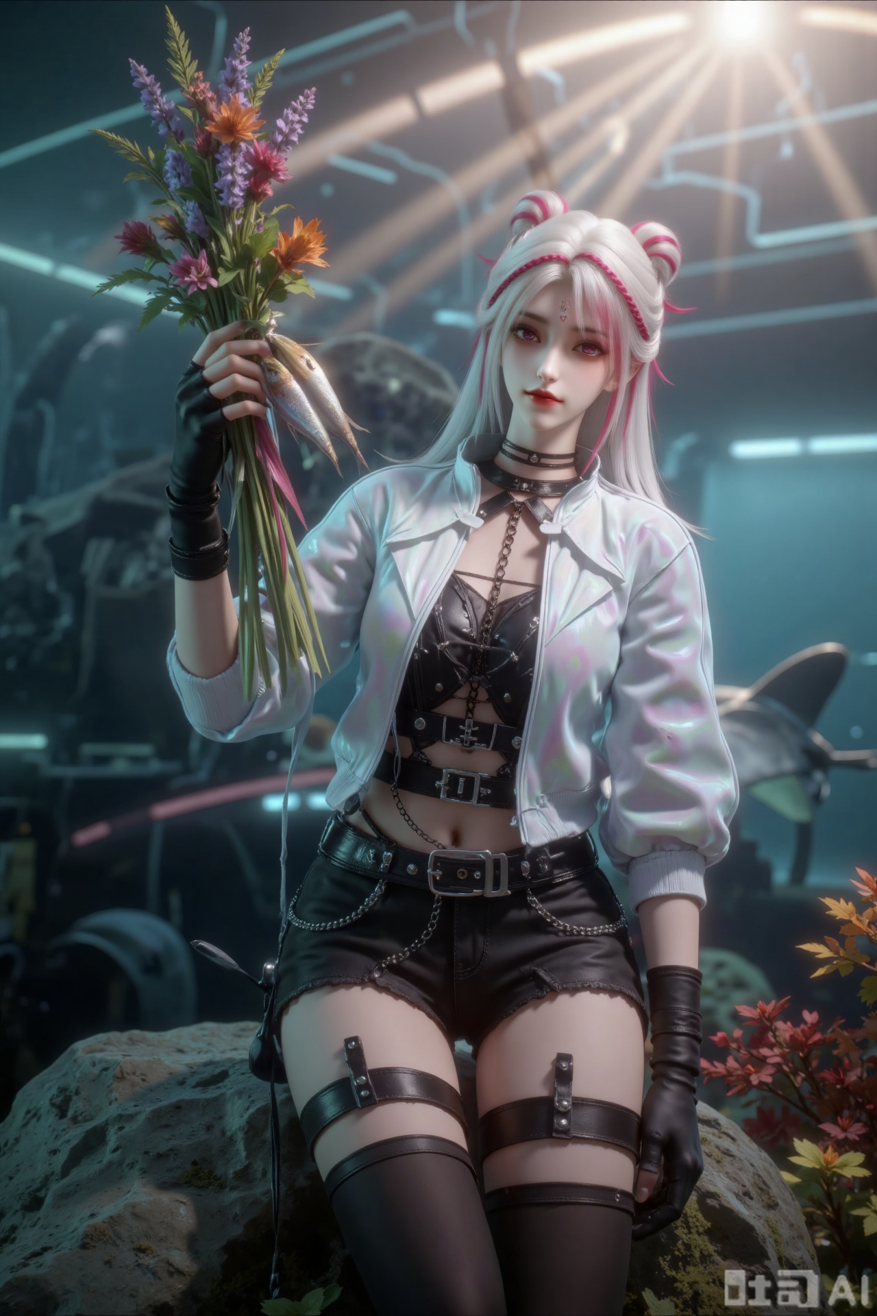 A detailed digital CGI image depicting a young woman with fair skin and long white hair highlights the pink highlights and two pink buns. She is slim and wears a black necklace with metal nails.
Wearing a black leather jacket and a white cyber jacket and a pair of black shorts with chain straps. There are also black boots and fingerless gloves that are tall and tall
Surreal and aesthetic illustration of a charming girl. Her elegant sitting, brushing a bunch of rainbow-colored sardines with one hand and resting on a smooth sea glass boulder covered with glowing algae.​​
The light illuminates the scene from all directions: the sun shines through the water with a golden beam, illuminating her hair like a halo; the bioluminescent plankton floats around her, casting green and blue lights on her scales; the glowing coral polyps emit pink and orange lights, depicting the reefs in changing patterns. The background reveals a wide underwater landscape in the distance a wrecked ship covered with coral and seaweed, with the portholes flashing with the light of a resident anglerfish; a manta ray with wide wings gliding overhead, its belly dotted with bioluminescent spots; sand dunes in the distance move slowly, revealing hidden shells, which glow inside. The overall atmosphere is full of vitality and mystery, with tones including cyan, coral pink, emerald and silver; the light refracts in the water like a liquid rainbow, and the details—from the iridescent scales on her top to the delicate texture of the seaweed leaves and the pulsating rays of jellyfish fragments—are presented with amazing precision, like a love letter to the depths of the ocean”